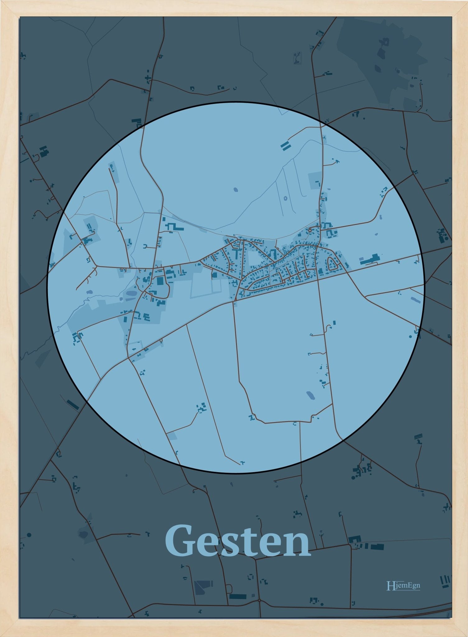 Gesten plakat i farve pastel blå og HjemEgn.dk design centrum. Design bykort for Gesten