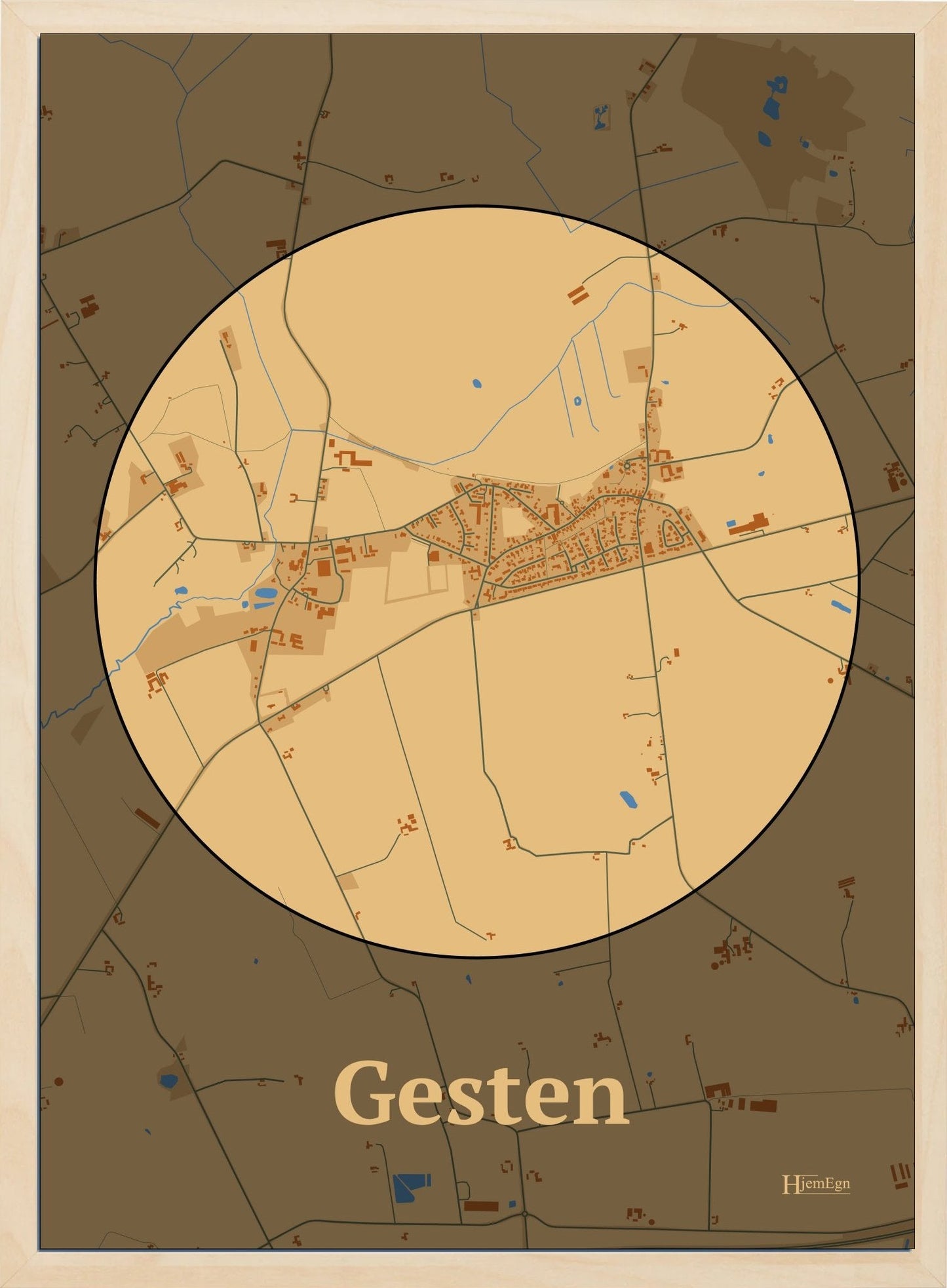 Gesten plakat i farve pastel brun og HjemEgn.dk design centrum. Design bykort for Gesten