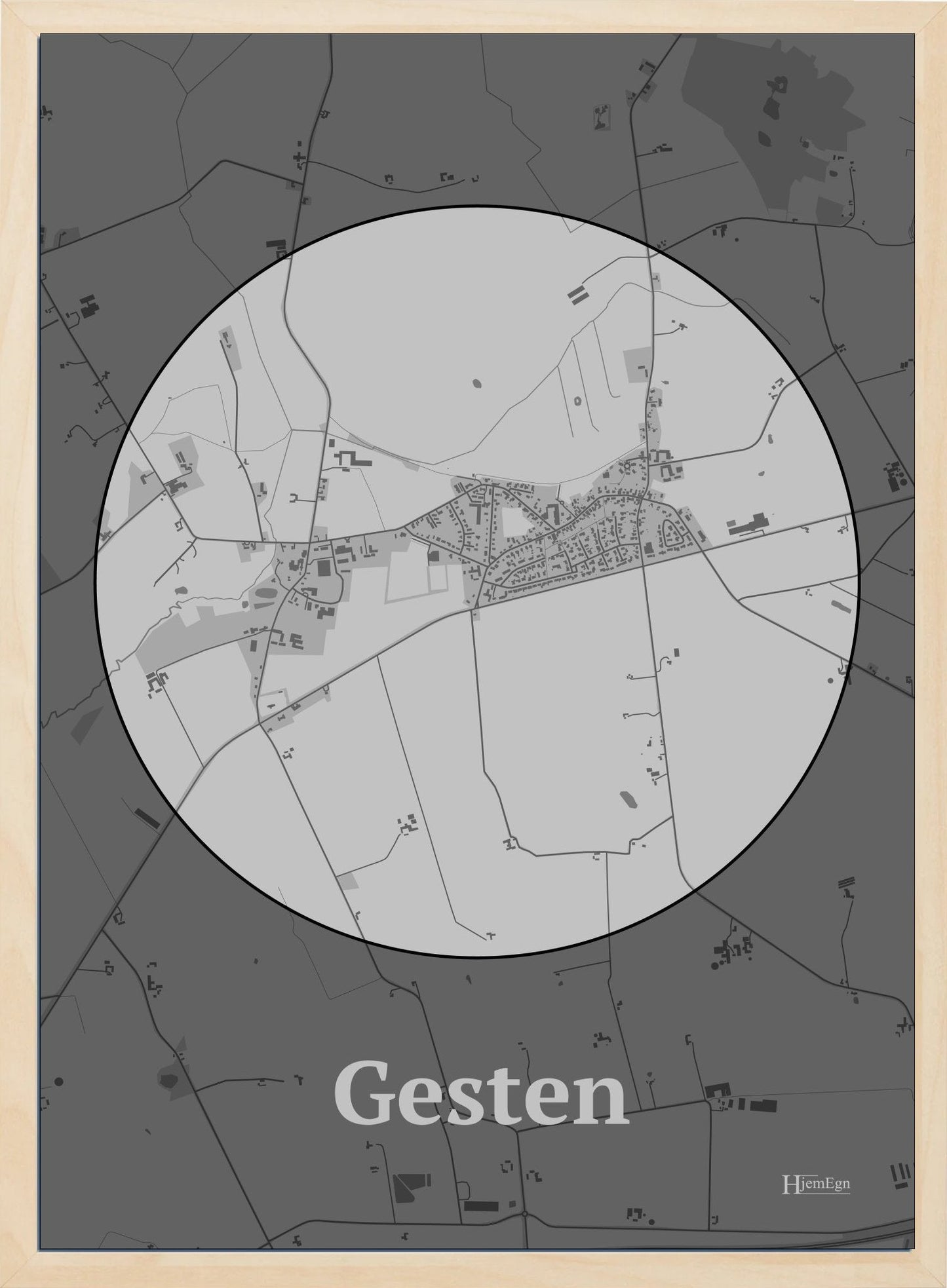 Gesten plakat i farve pastel grå og HjemEgn.dk design centrum. Design bykort for Gesten