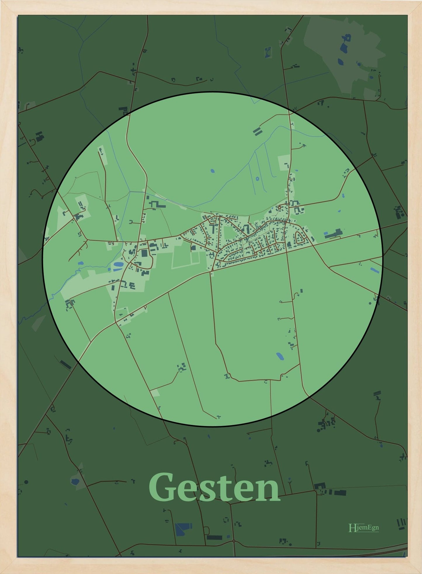 Gesten plakat i farve pastel grøn og HjemEgn.dk design centrum. Design bykort for Gesten