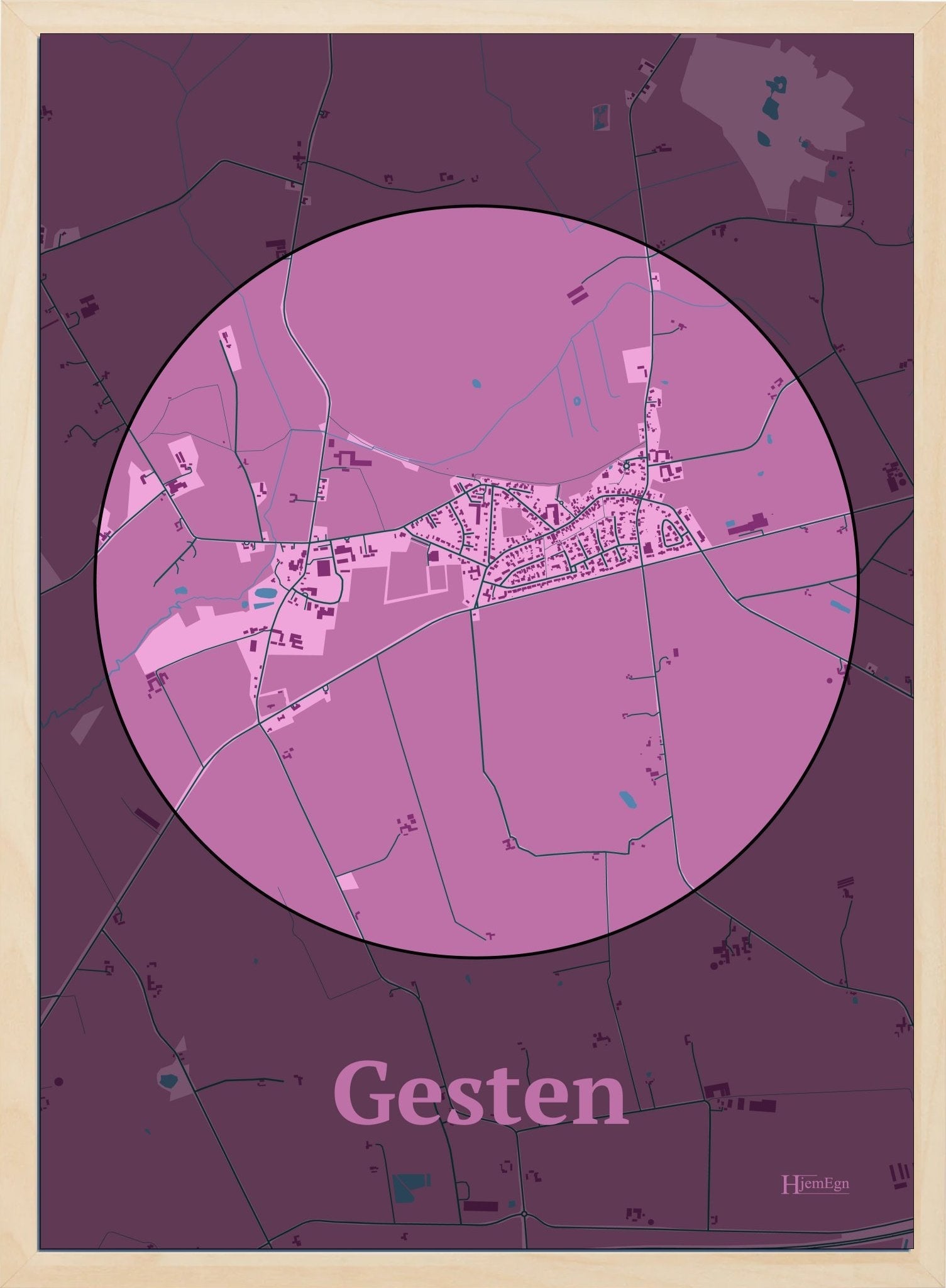 Gesten plakat i farve pastel rød og HjemEgn.dk design centrum. Design bykort for Gesten
