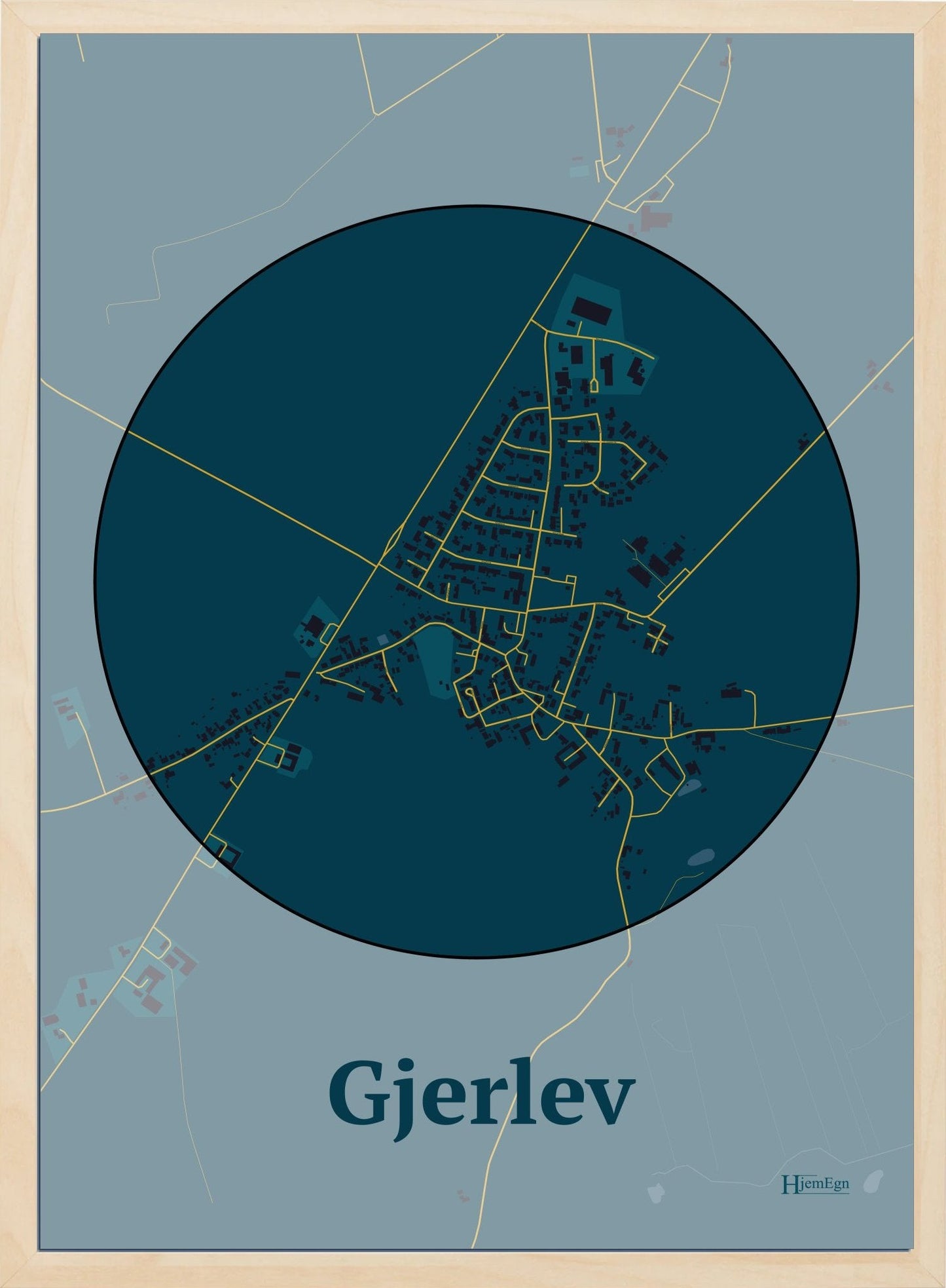 Gjerlev plakat i farve mørk blå og HjemEgn.dk design centrum. Design bykort for Gjerlev