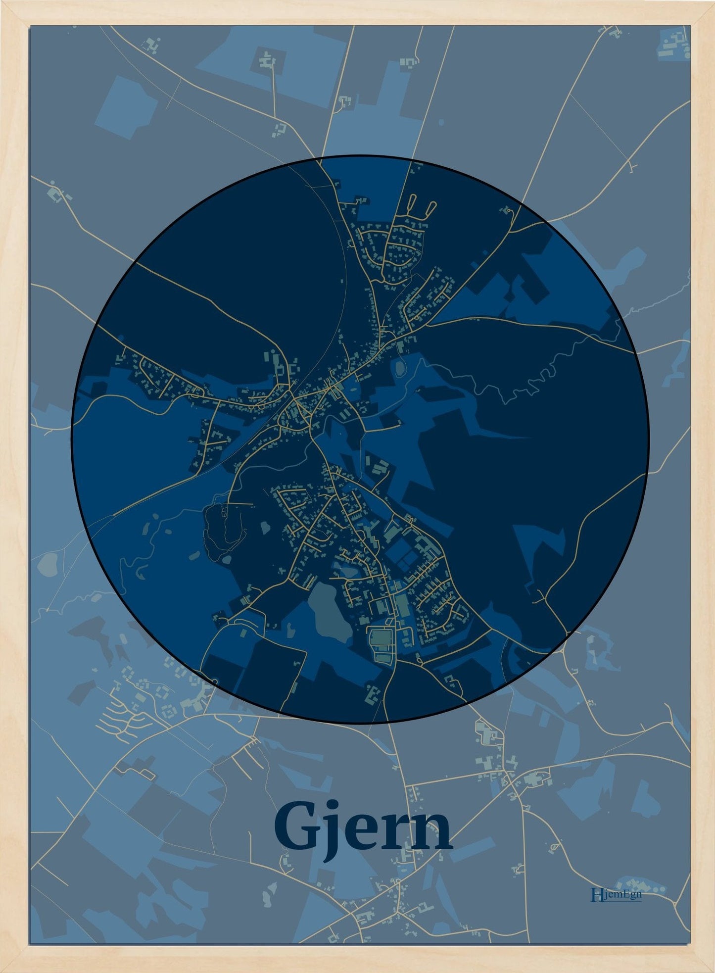 Gjern plakat i farve mørk blå og HjemEgn.dk design centrum. Design bykort for Gjern