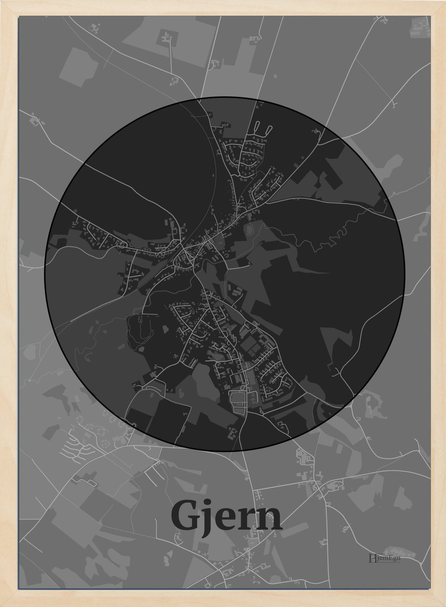 Gjern plakat i farve mørk grå og HjemEgn.dk design centrum. Design bykort for Gjern