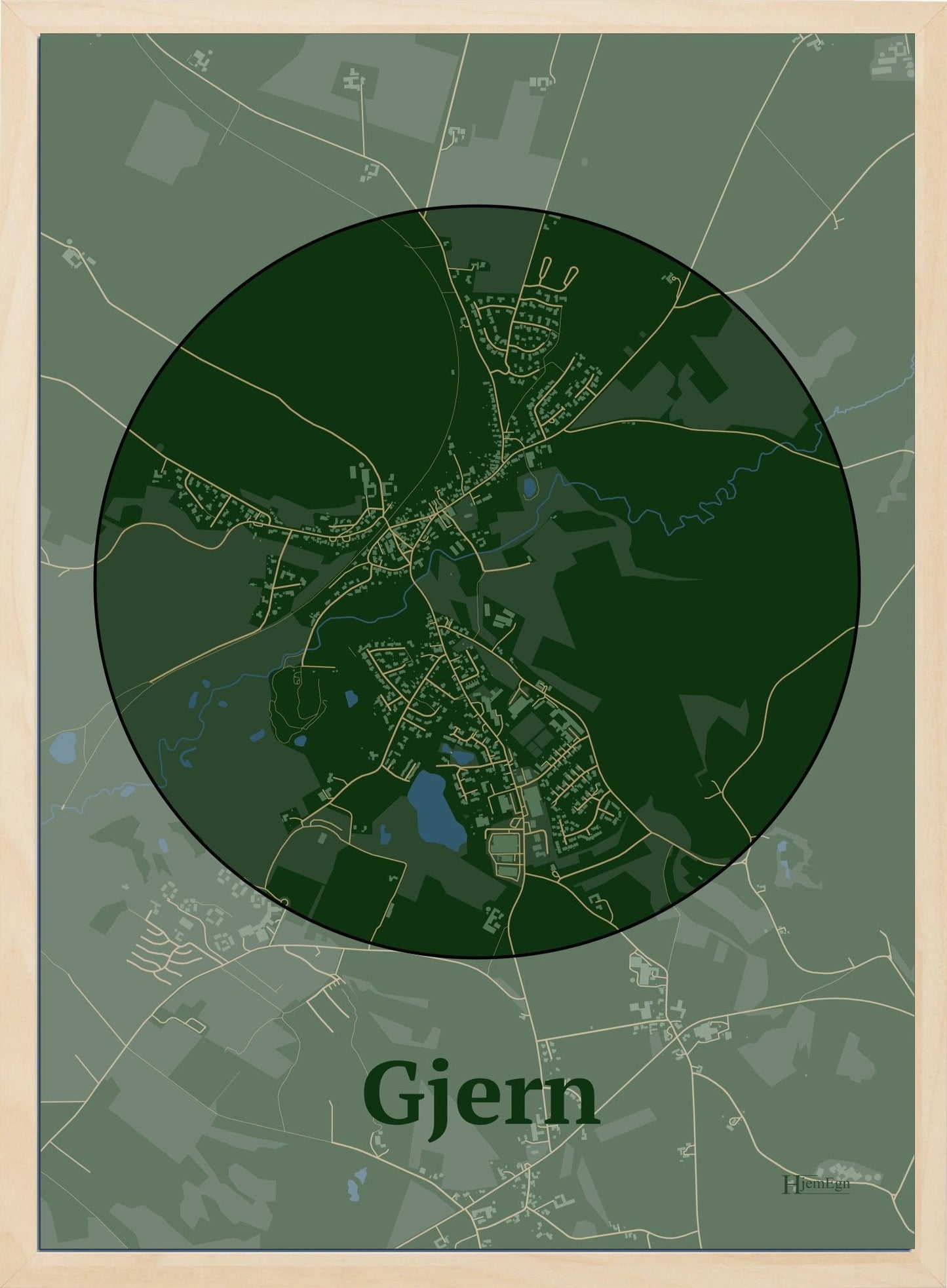 Gjern plakat i farve mørk grøn og HjemEgn.dk design centrum. Design bykort for Gjern