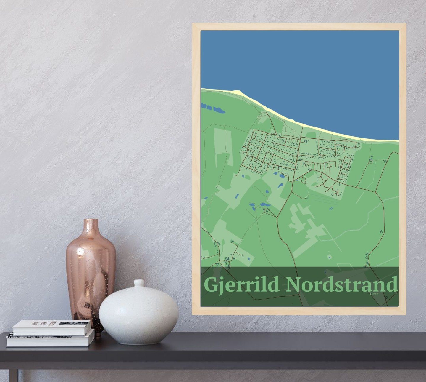 Gjerrild Nordstrand plakat med HjemEgn.dk design firkantet. Design bykort for Gjerrild Nordstrand