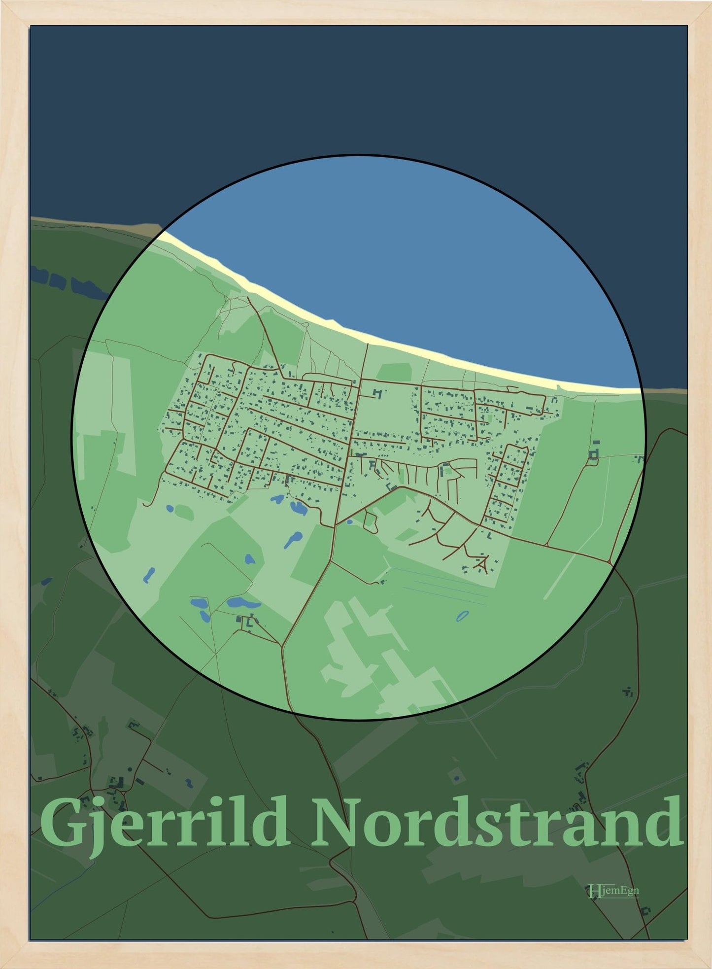 Gjerrild Nordstrand plakat i farve pastel grøn og HjemEgn.dk design centrum. Design bykort for Gjerrild Nordstrand