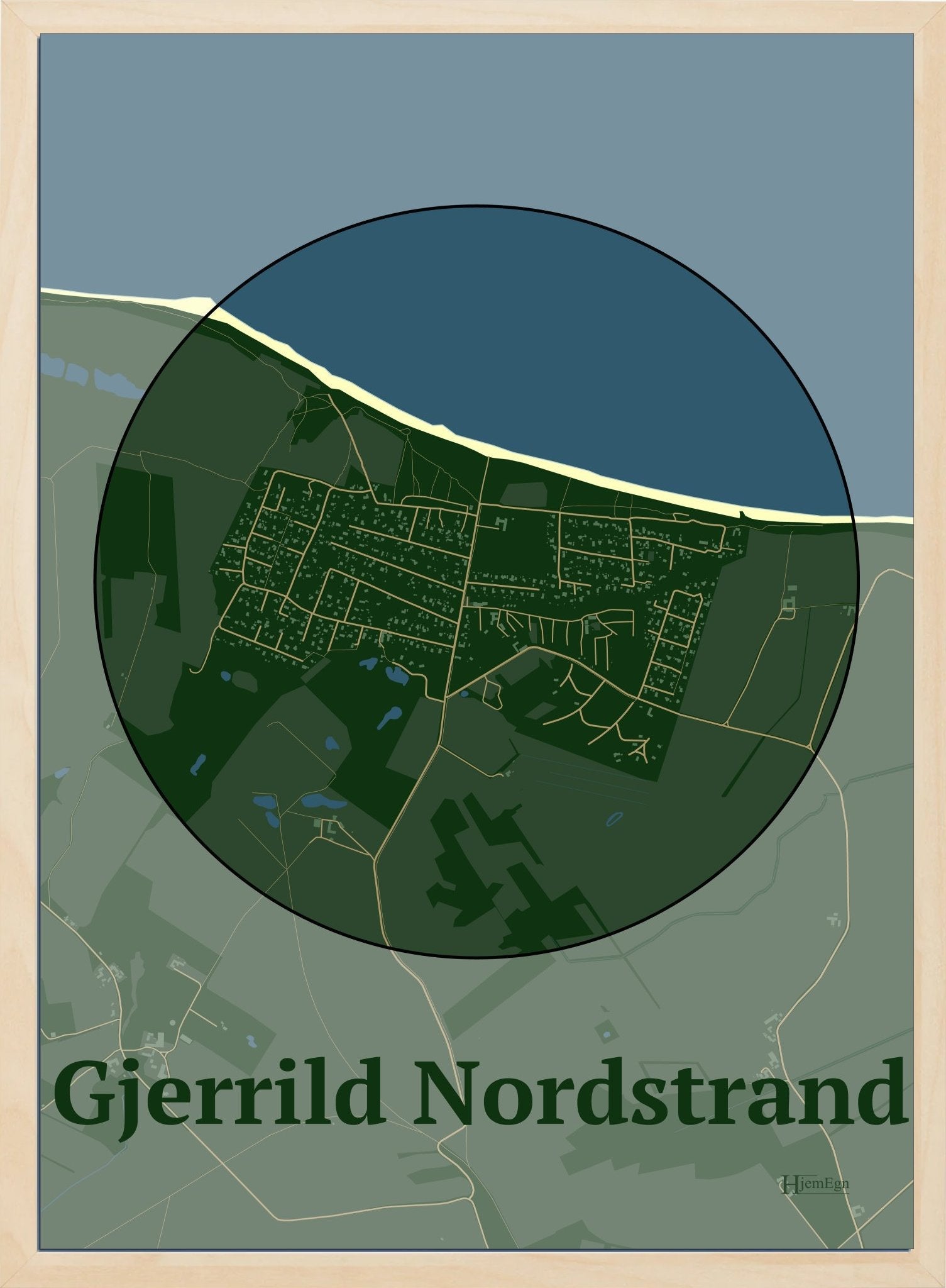 Gjerrild Nordstrand plakat i farve mørk grøn og HjemEgn.dk design centrum. Design bykort for Gjerrild Nordstrand