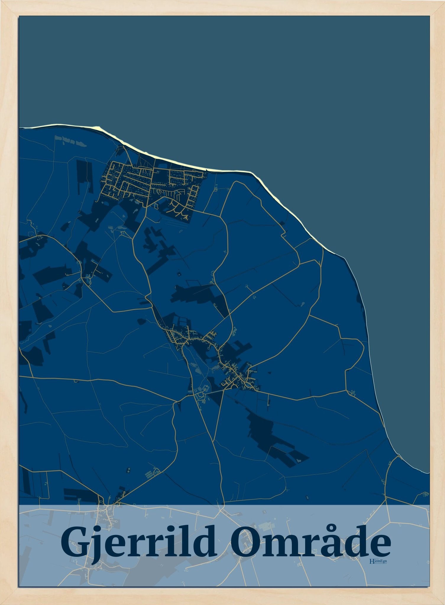 Gjerrild Område plakat i farve mørk blå og HjemEgn.dk design firkantet. Design bykort for Gjerrild Område