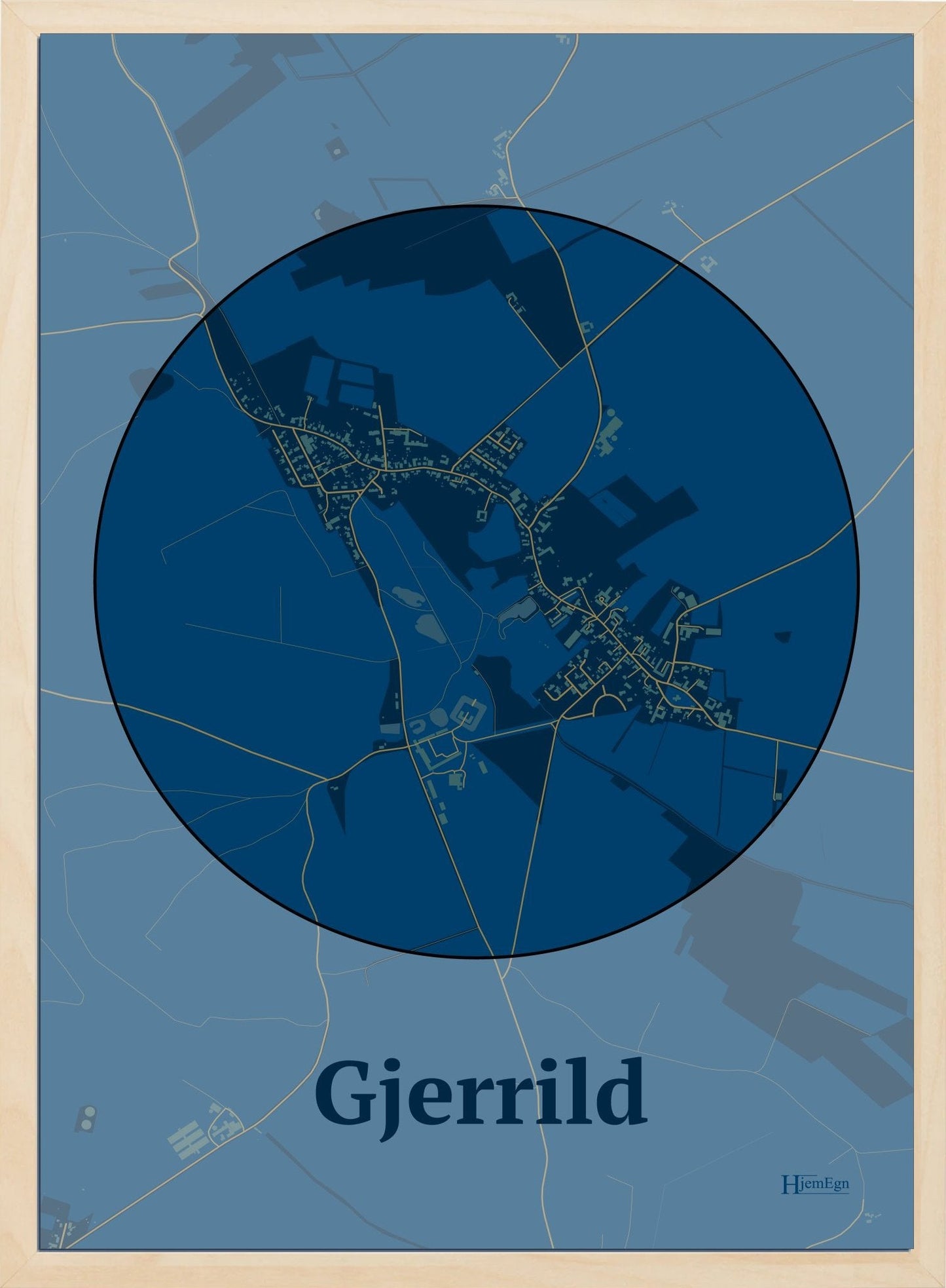 Gjerrild plakat i farve mørk blå og HjemEgn.dk design centrum. Design bykort for Gjerrild