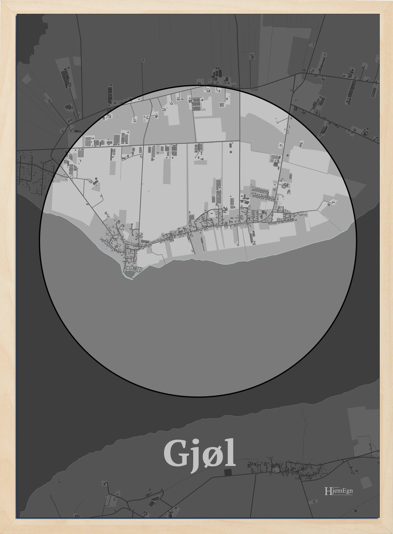 Gjøl plakat i farve pastel grå og HjemEgn.dk design centrum. Design bykort for Gjøl