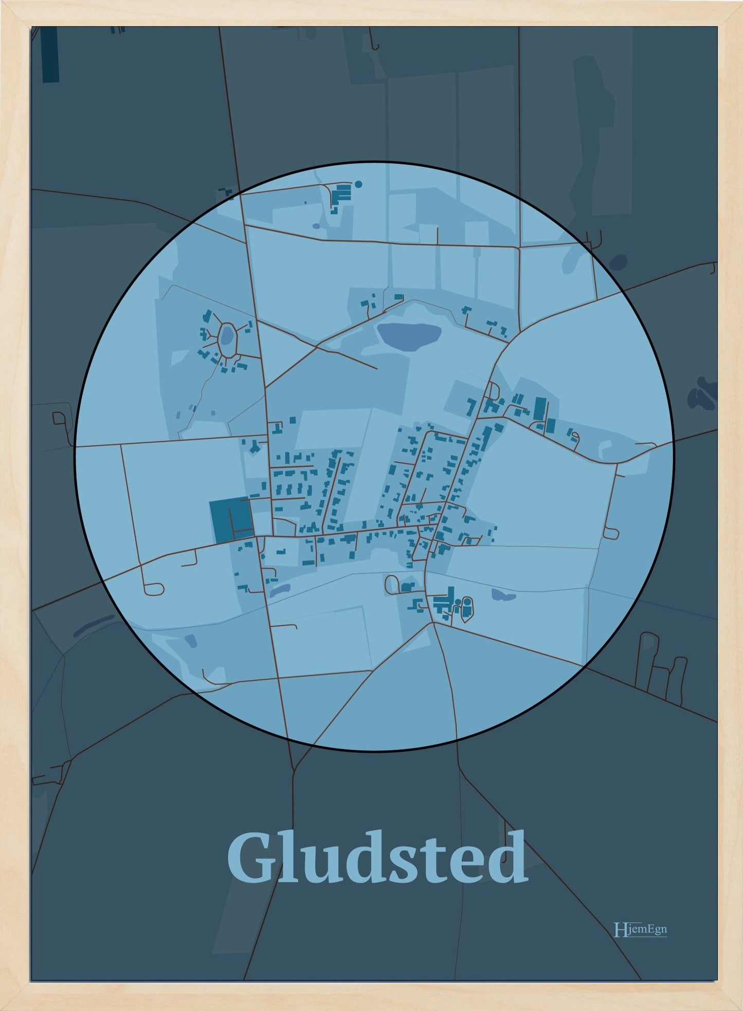 Gludsted plakat i farve pastel blå og HjemEgn.dk design centrum. Design bykort for Gludsted
