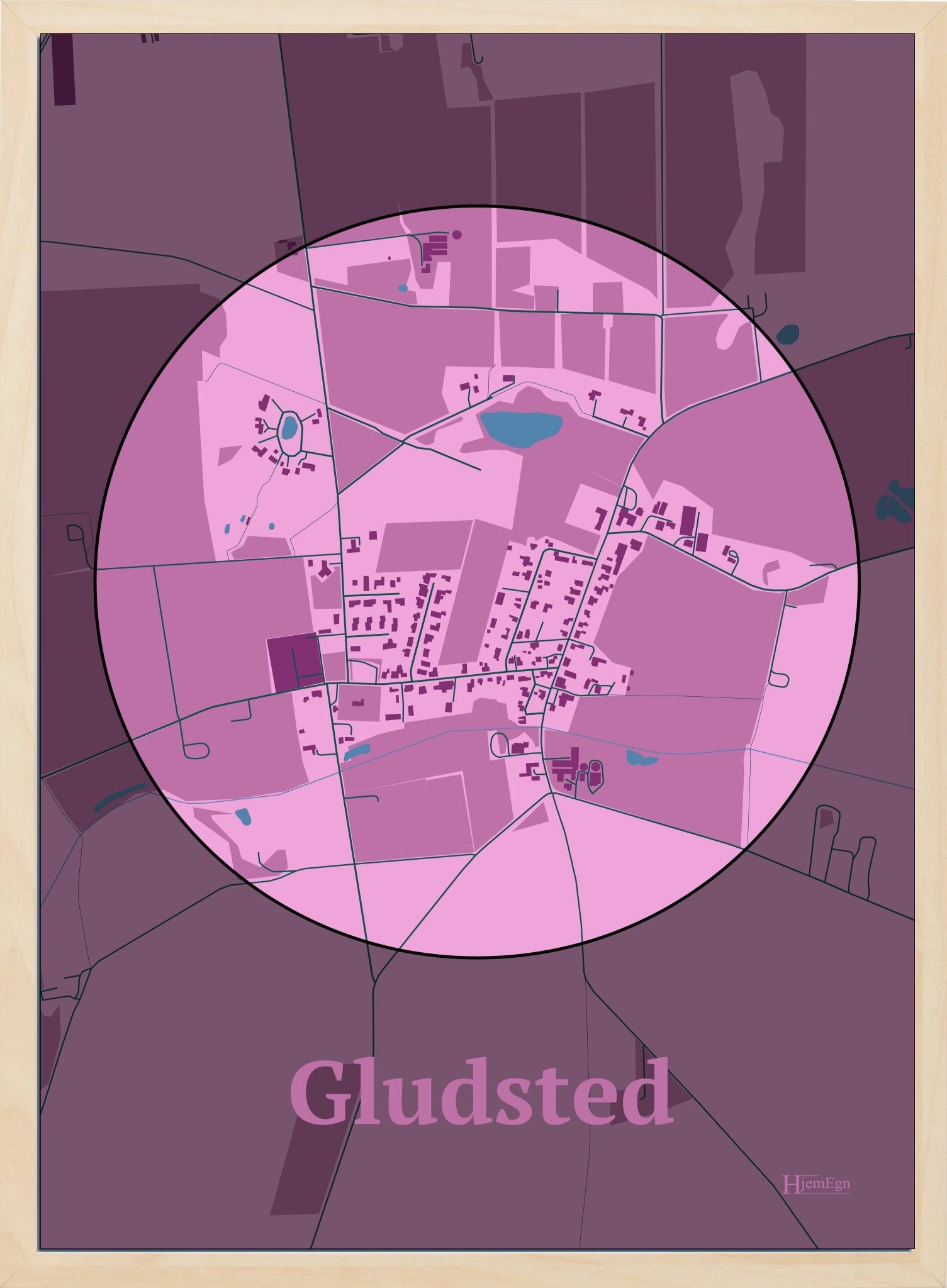Gludsted plakat i farve pastel rød og HjemEgn.dk design centrum. Design bykort for Gludsted