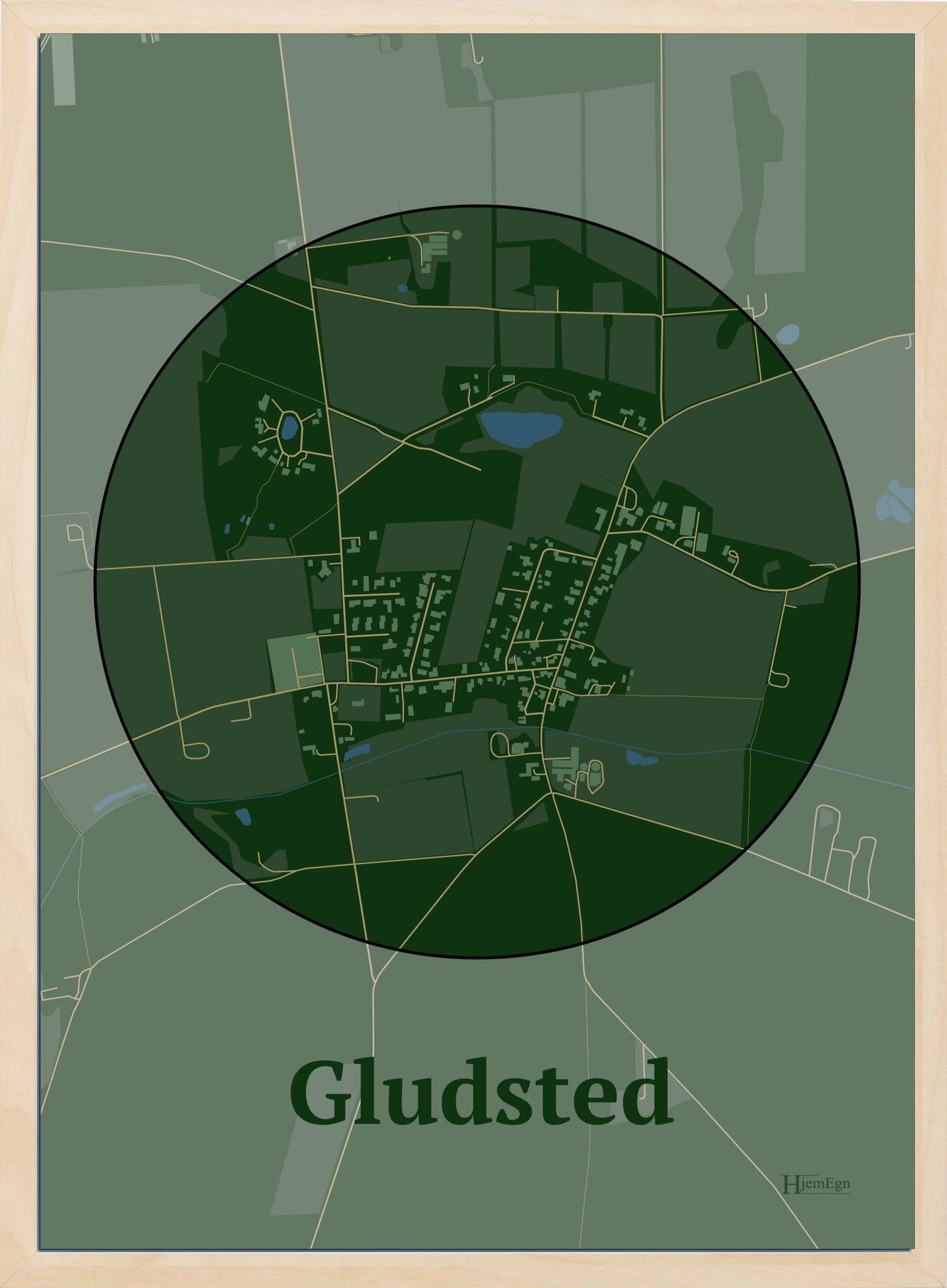 Gludsted plakat i farve mørk grøn og HjemEgn.dk design centrum. Design bykort for Gludsted