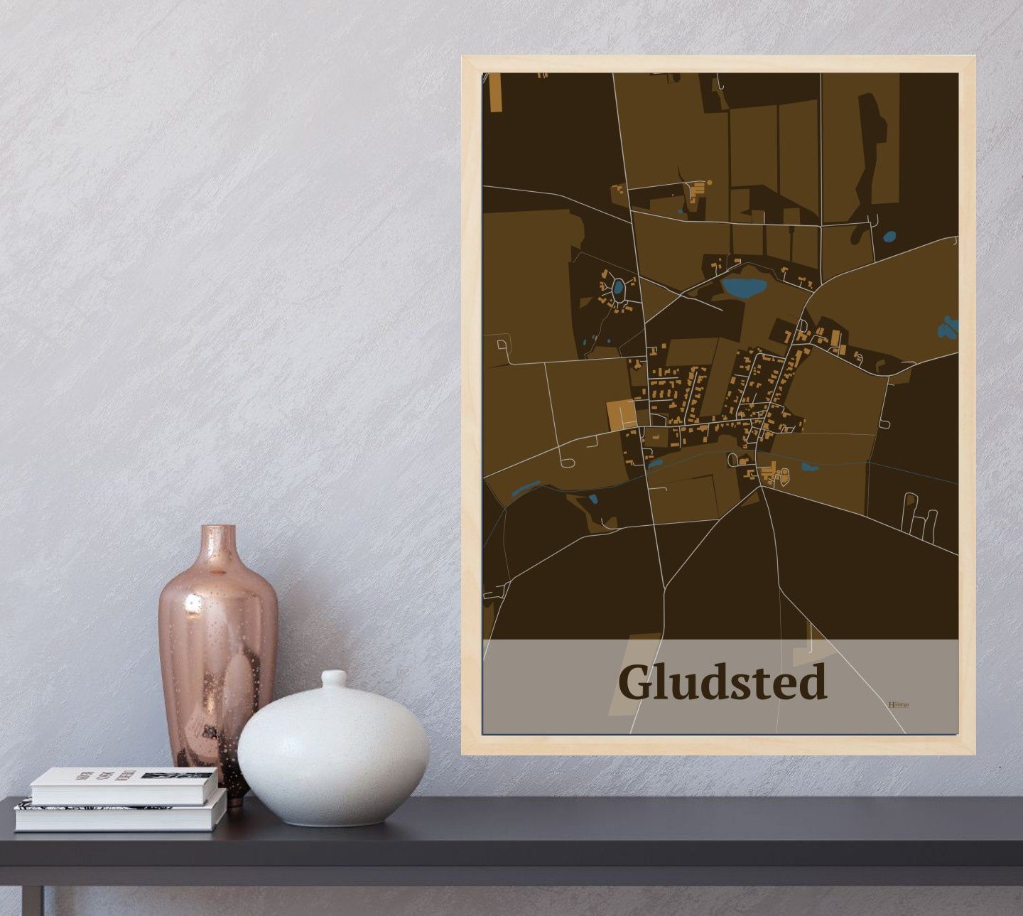 Gludsted plakat i farve  og HjemEgn.dk design firkantet. Design bykort for Gludsted