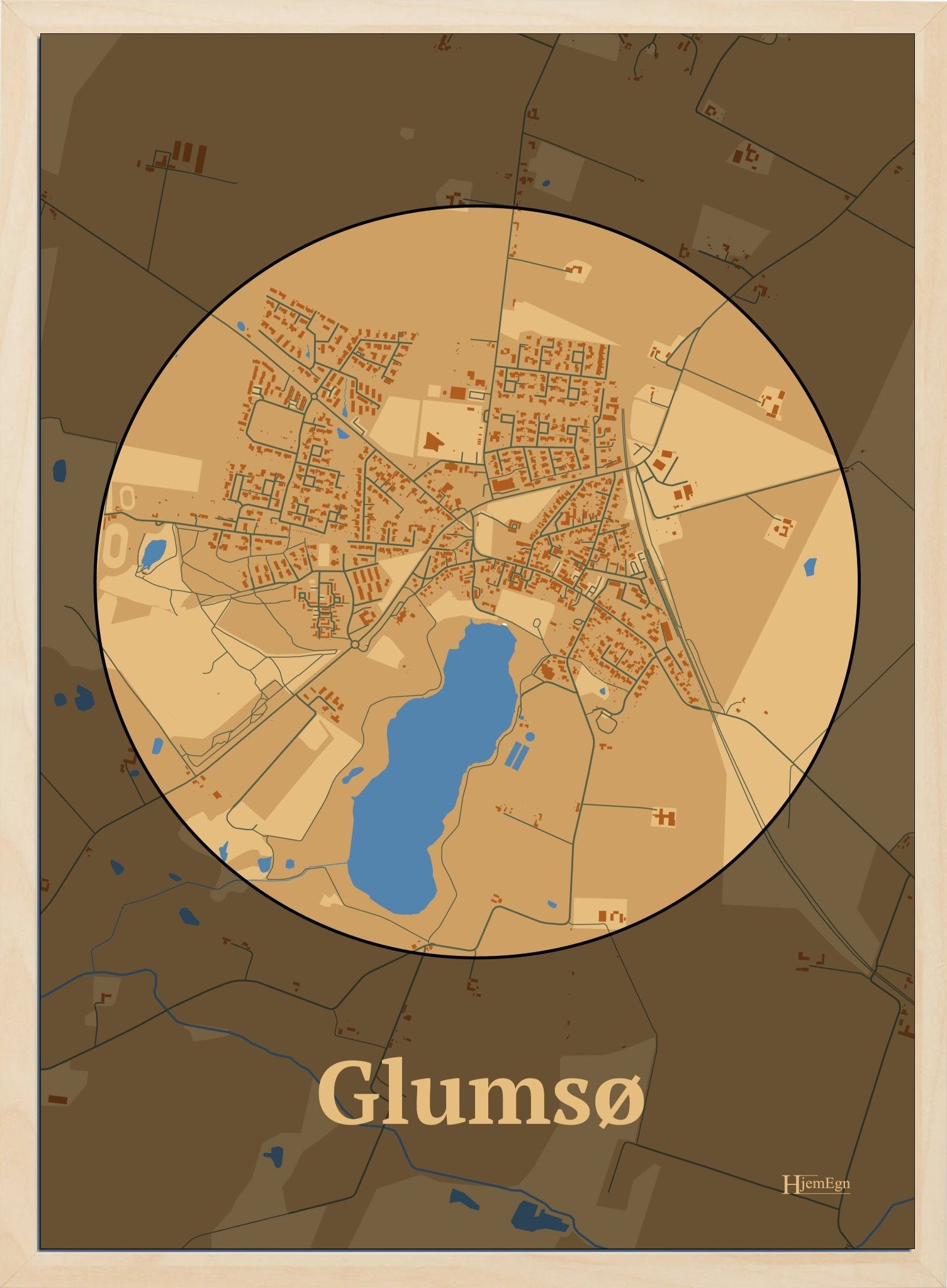 Glumsø plakat i farve pastel brun og HjemEgn.dk design centrum. Design bykort for Glumsø