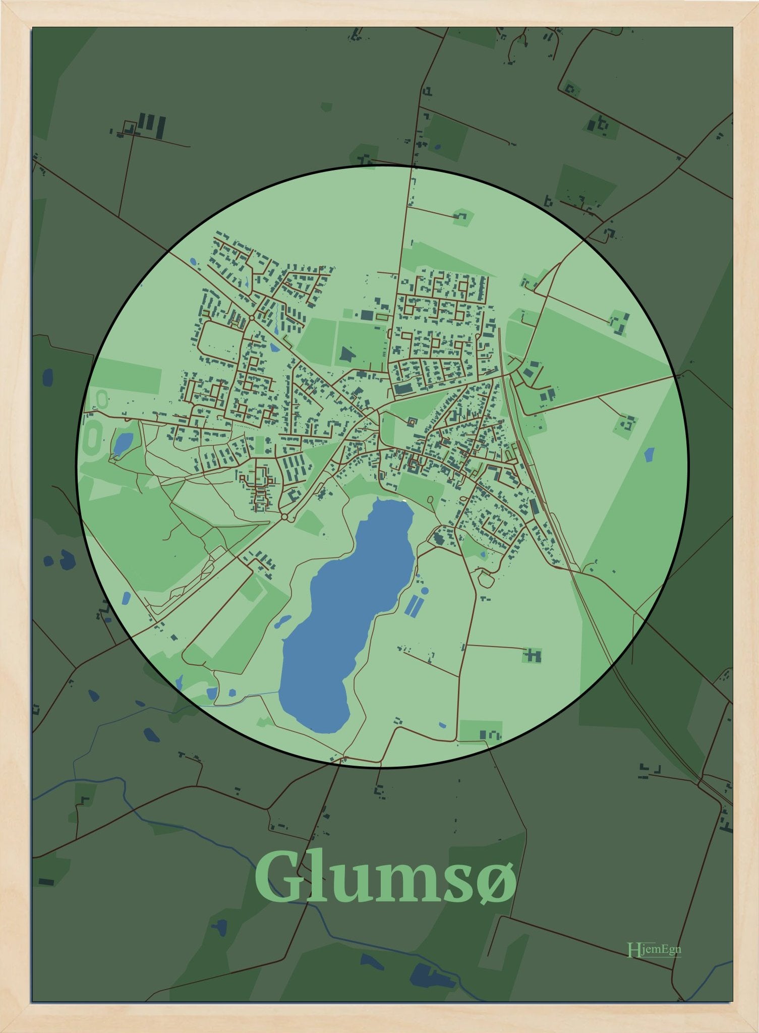 Glumsø plakat i farve pastel grøn og HjemEgn.dk design centrum. Design bykort for Glumsø