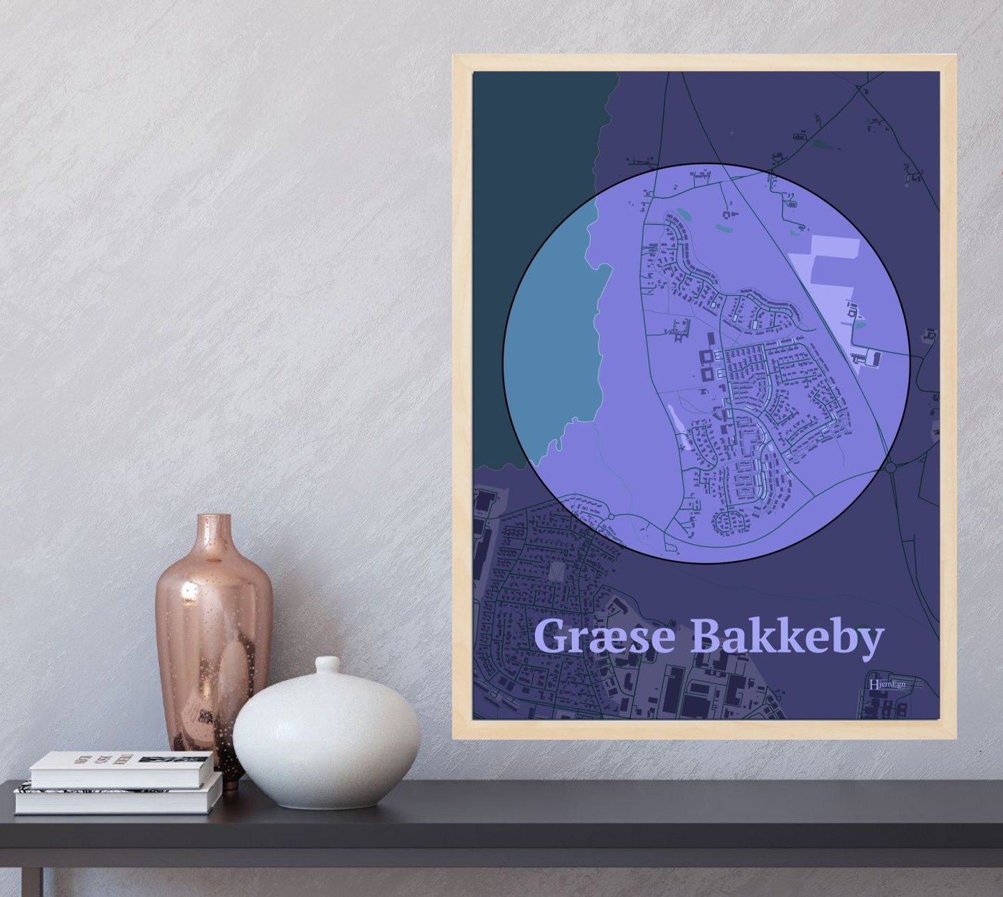 Græse Bakkeby plakat i farve  og HjemEgn.dk design centrum. Design bykort for Græse Bakkeby