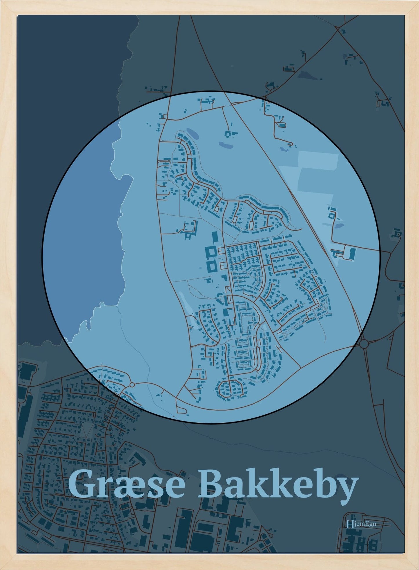 Græse Bakkeby plakat i farve pastel blå og HjemEgn.dk design centrum. Design bykort for Græse Bakkeby