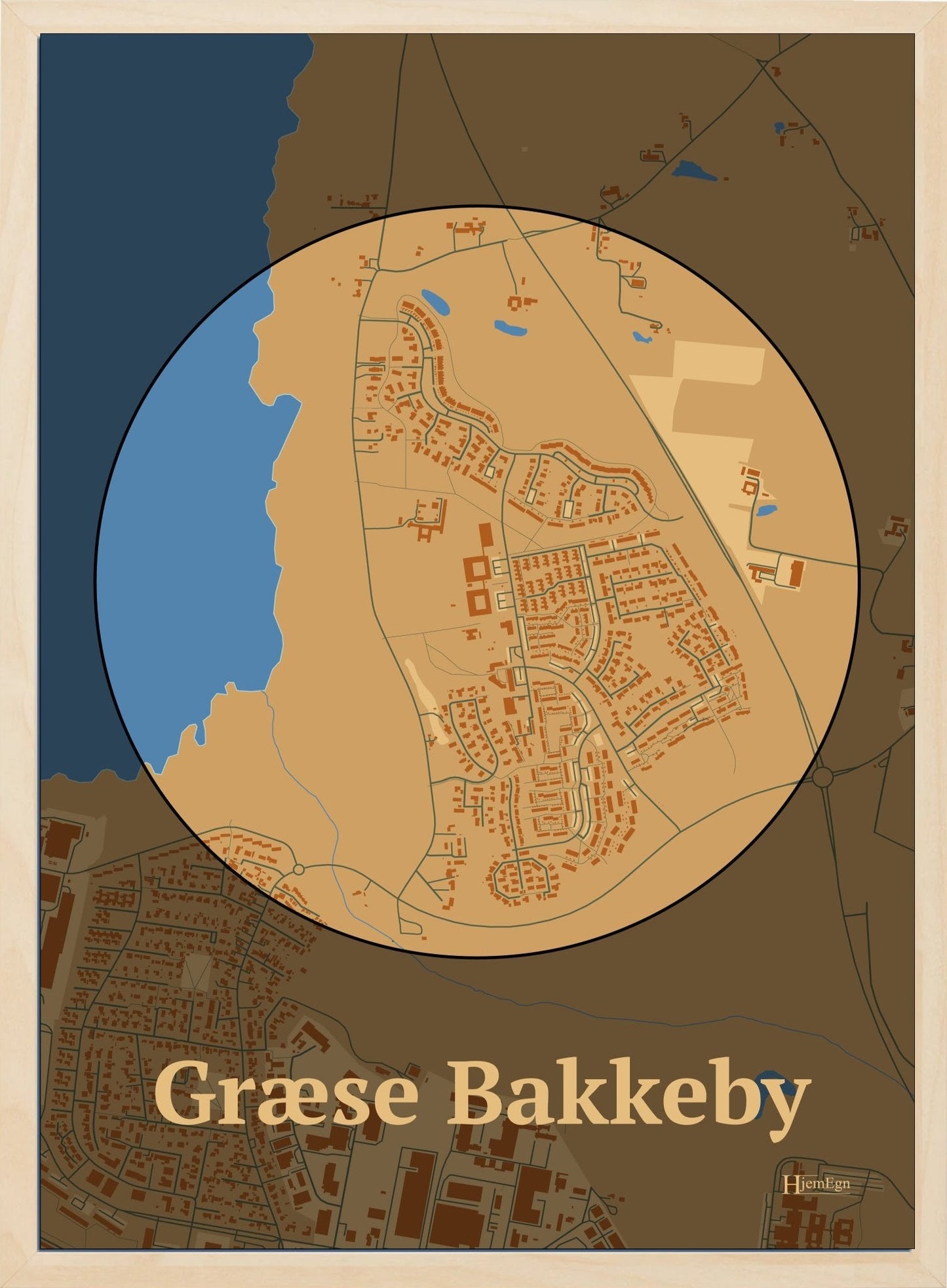 Græse Bakkeby plakat i farve pastel brun og HjemEgn.dk design centrum. Design bykort for Græse Bakkeby