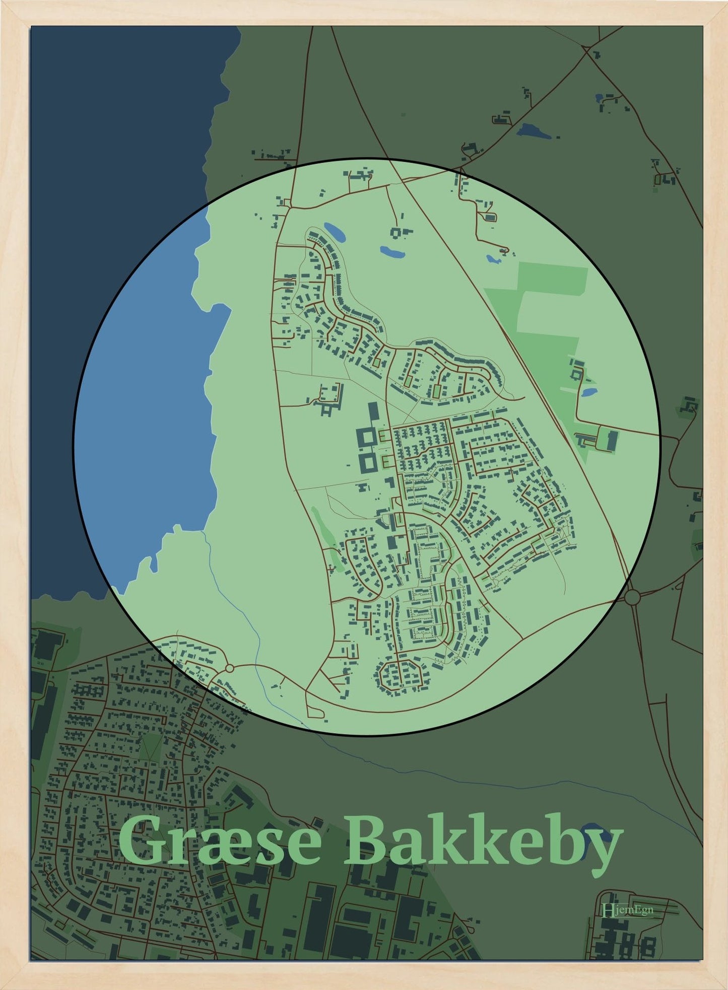 Græse Bakkeby plakat i farve pastel grøn og HjemEgn.dk design centrum. Design bykort for Græse Bakkeby