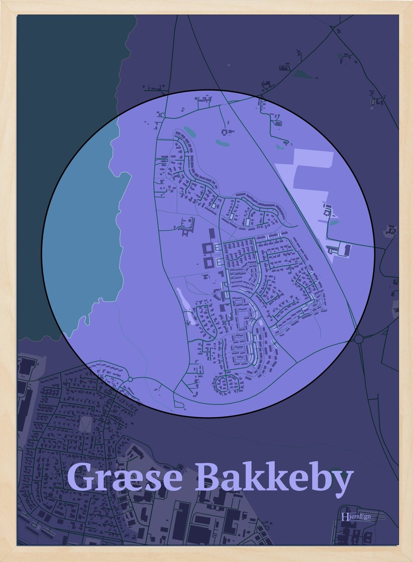 Græse Bakkeby plakat i farve pastel lilla og HjemEgn.dk design centrum. Design bykort for Græse Bakkeby