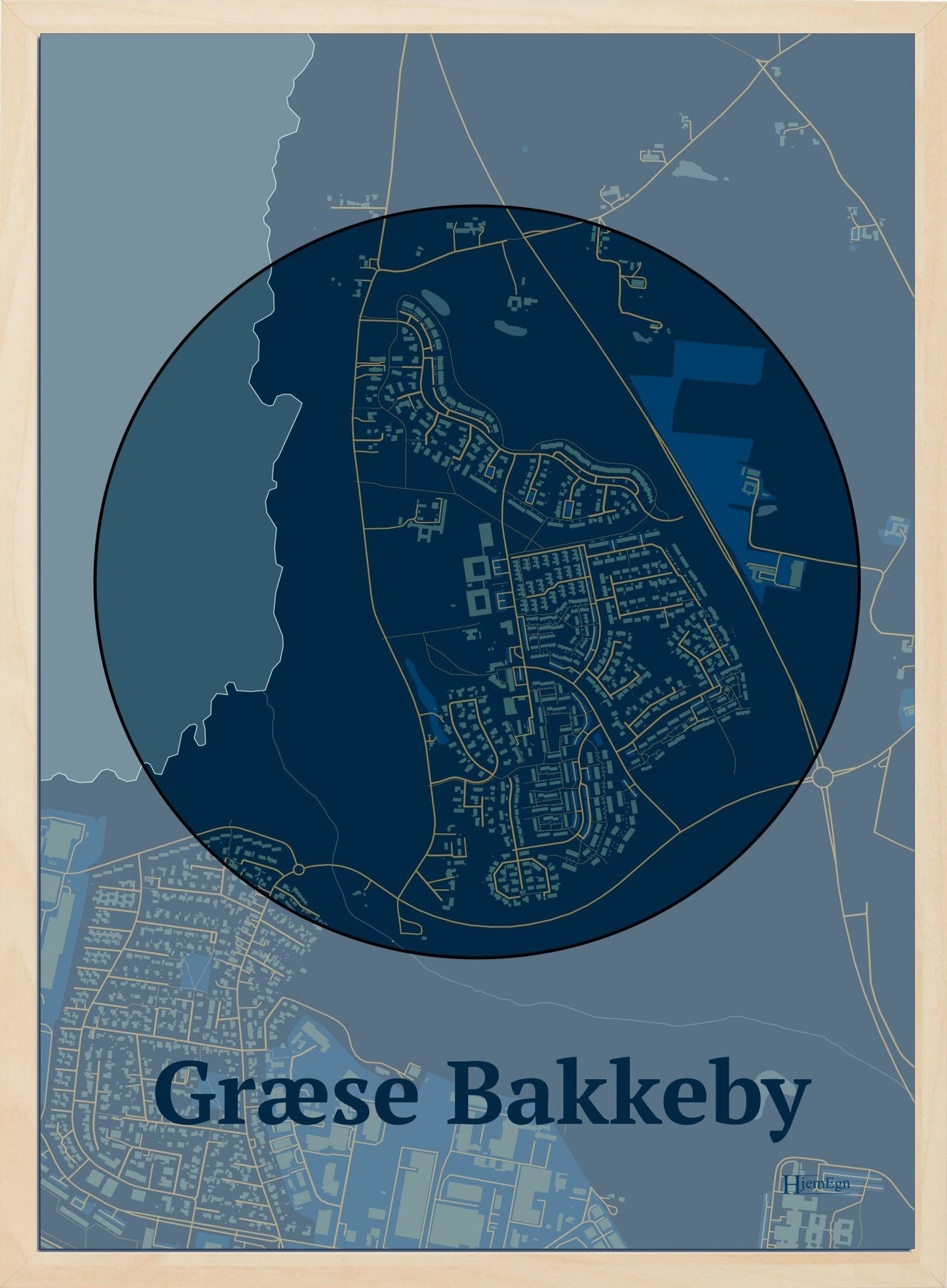 Græse Bakkeby plakat i farve mørk blå og HjemEgn.dk design centrum. Design bykort for Græse Bakkeby