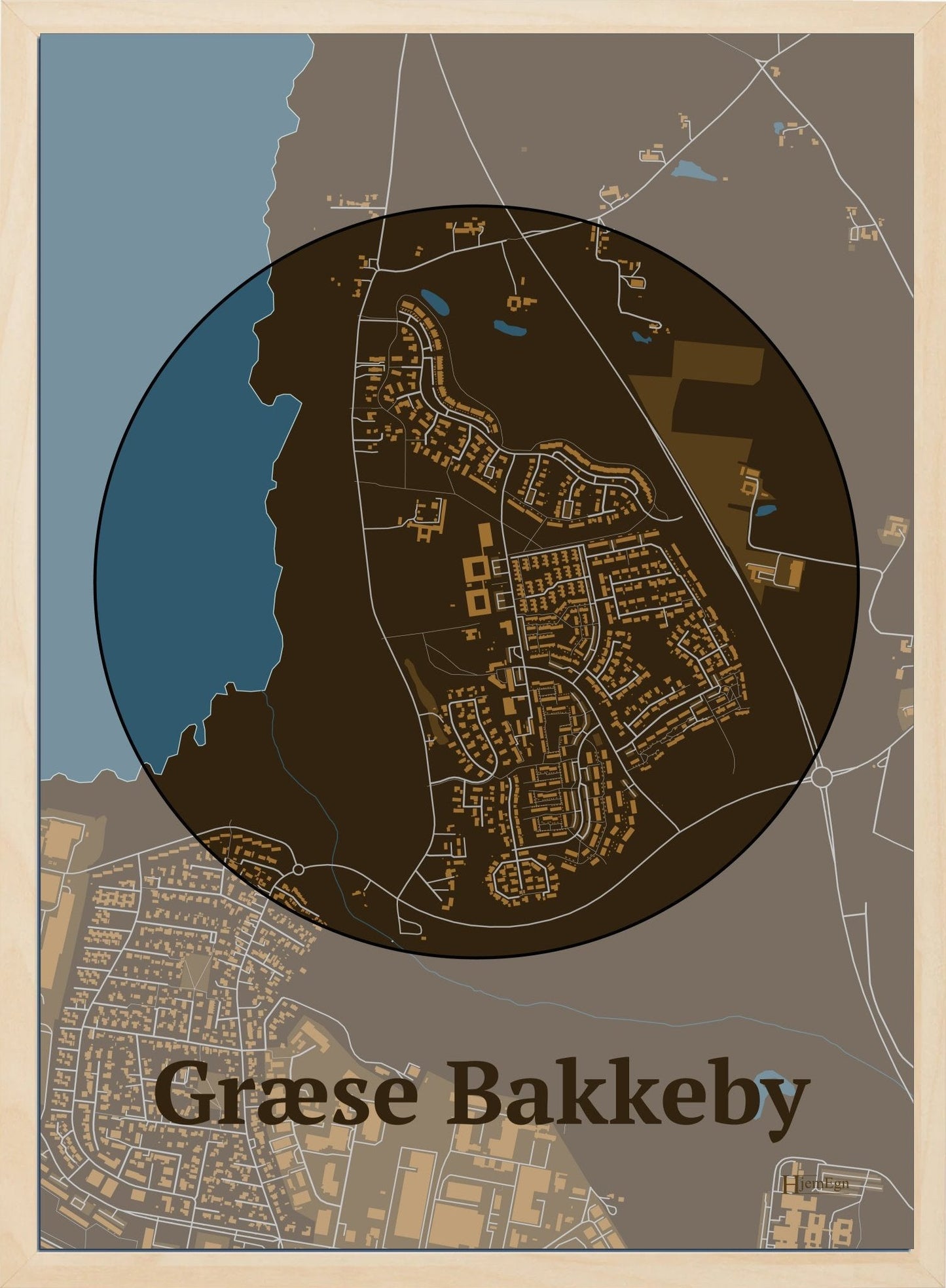 Græse Bakkeby plakat i farve mørk brun og HjemEgn.dk design centrum. Design bykort for Græse Bakkeby