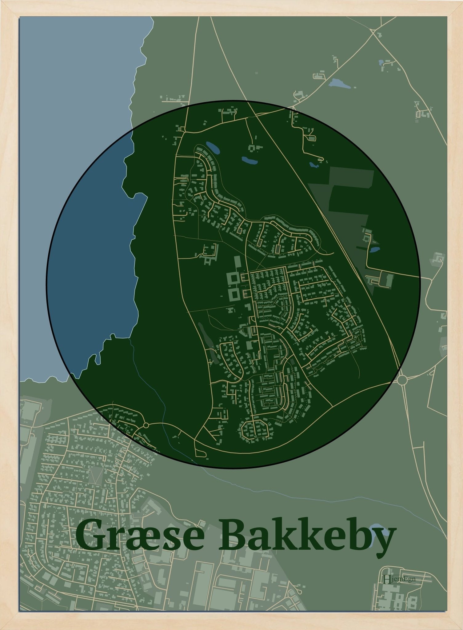 Græse Bakkeby plakat i farve mørk grøn og HjemEgn.dk design centrum. Design bykort for Græse Bakkeby