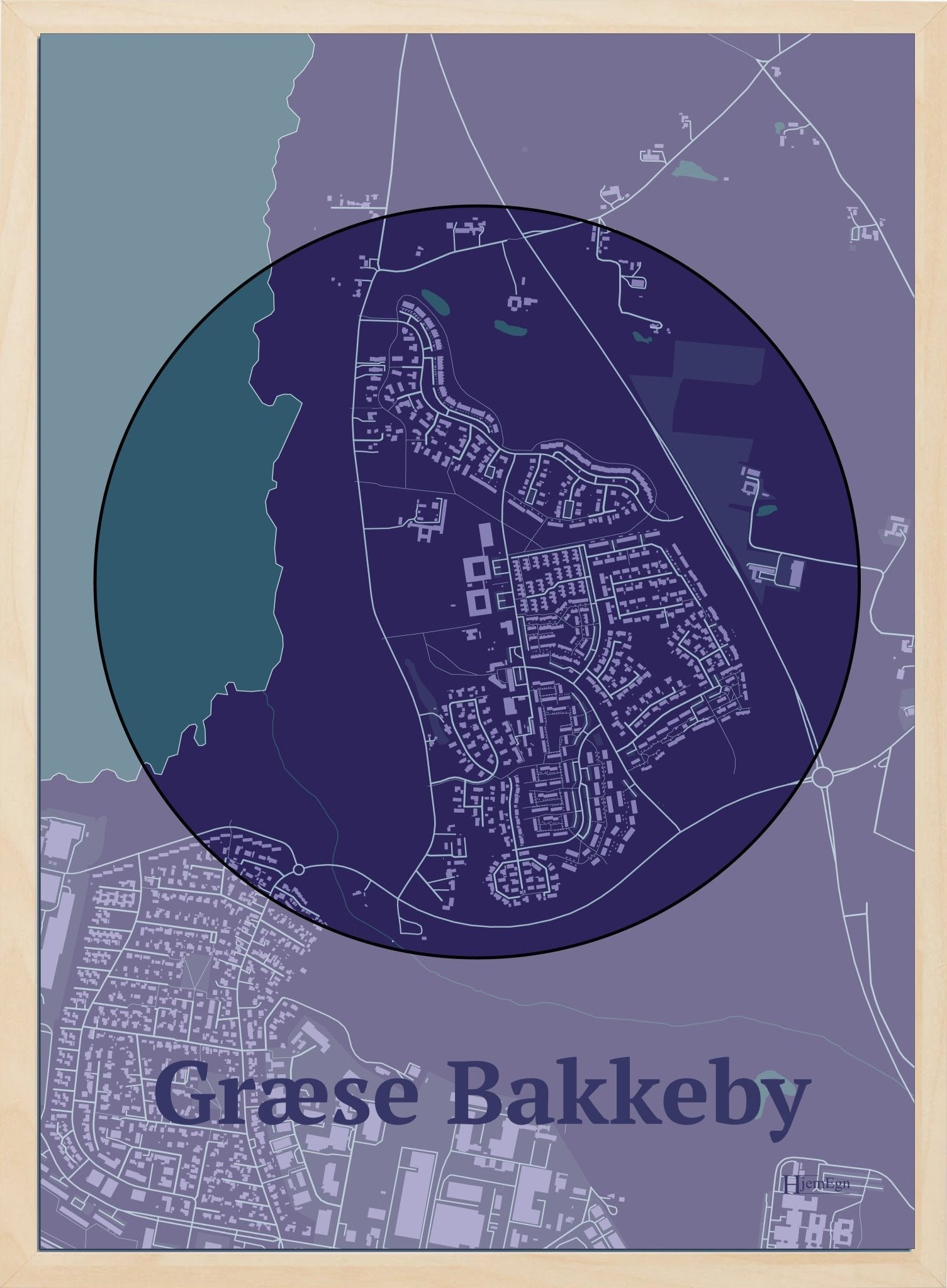 Græse Bakkeby plakat i farve mørk lilla og HjemEgn.dk design centrum. Design bykort for Græse Bakkeby
