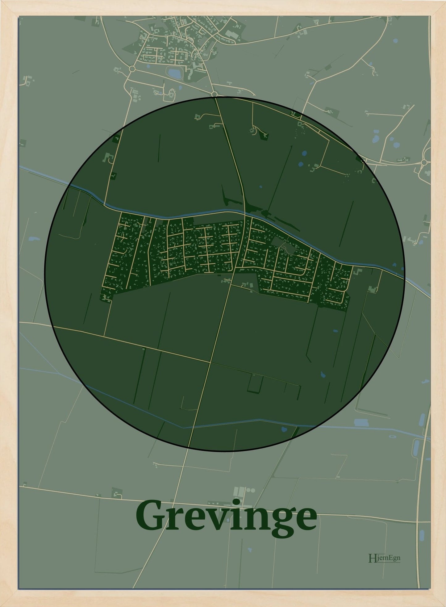 Grevinge plakat i farve mørk grøn og HjemEgn.dk design centrum. Design bykort for Grevinge