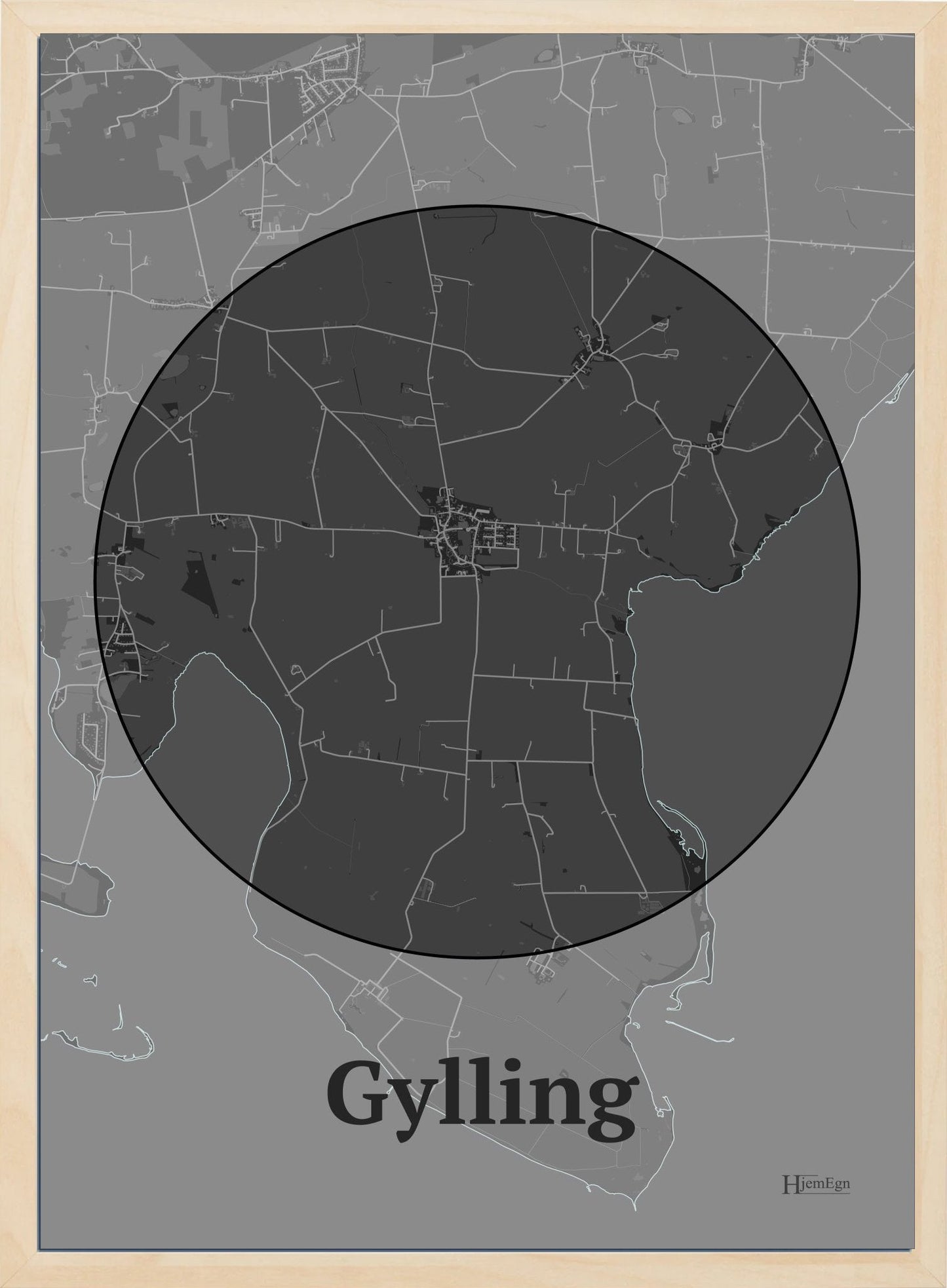Gylling plakat i farve mørk grå og HjemEgn.dk design centrum. Design bykort for Gylling