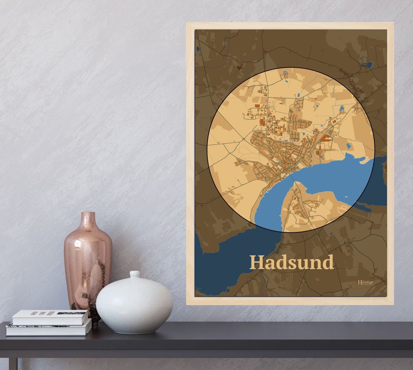 Hadsund plakat i farve  og HjemEgn.dk design centrum. Design bykort for Hadsund