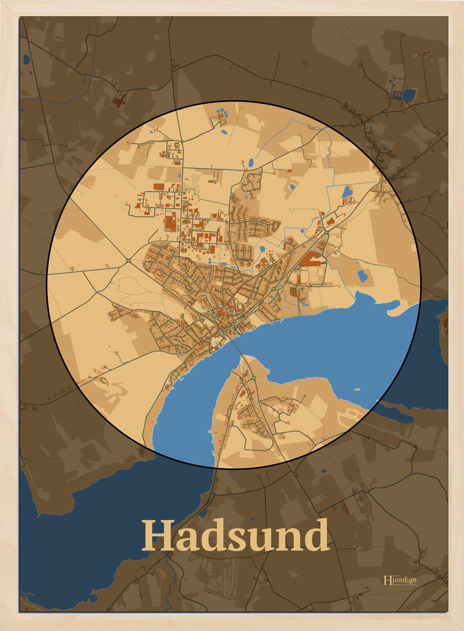 Hadsund plakat i farve pastel brun og HjemEgn.dk design centrum. Design bykort for Hadsund