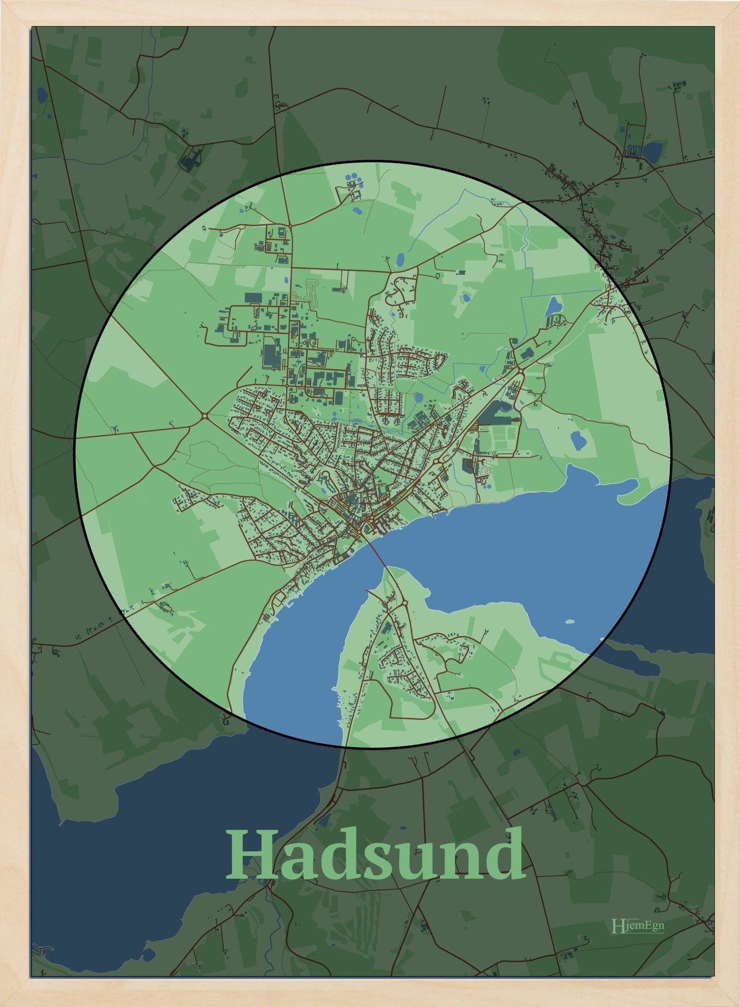 Hadsund plakat i farve pastel grøn og HjemEgn.dk design centrum. Design bykort for Hadsund