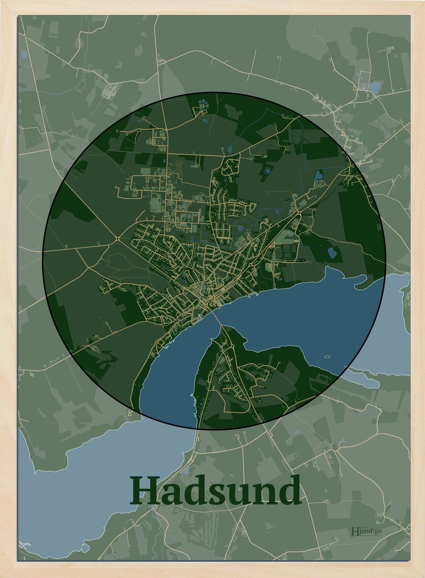 Hadsund plakat i farve mørk grøn og HjemEgn.dk design centrum. Design bykort for Hadsund