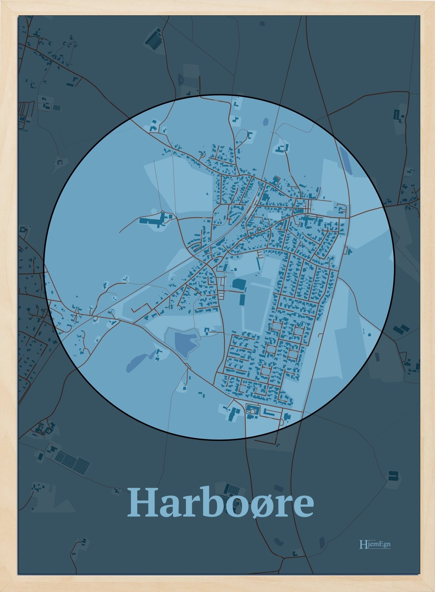 Harboøre plakat i farve pastel blå og HjemEgn.dk design centrum. Design bykort for Harboøre