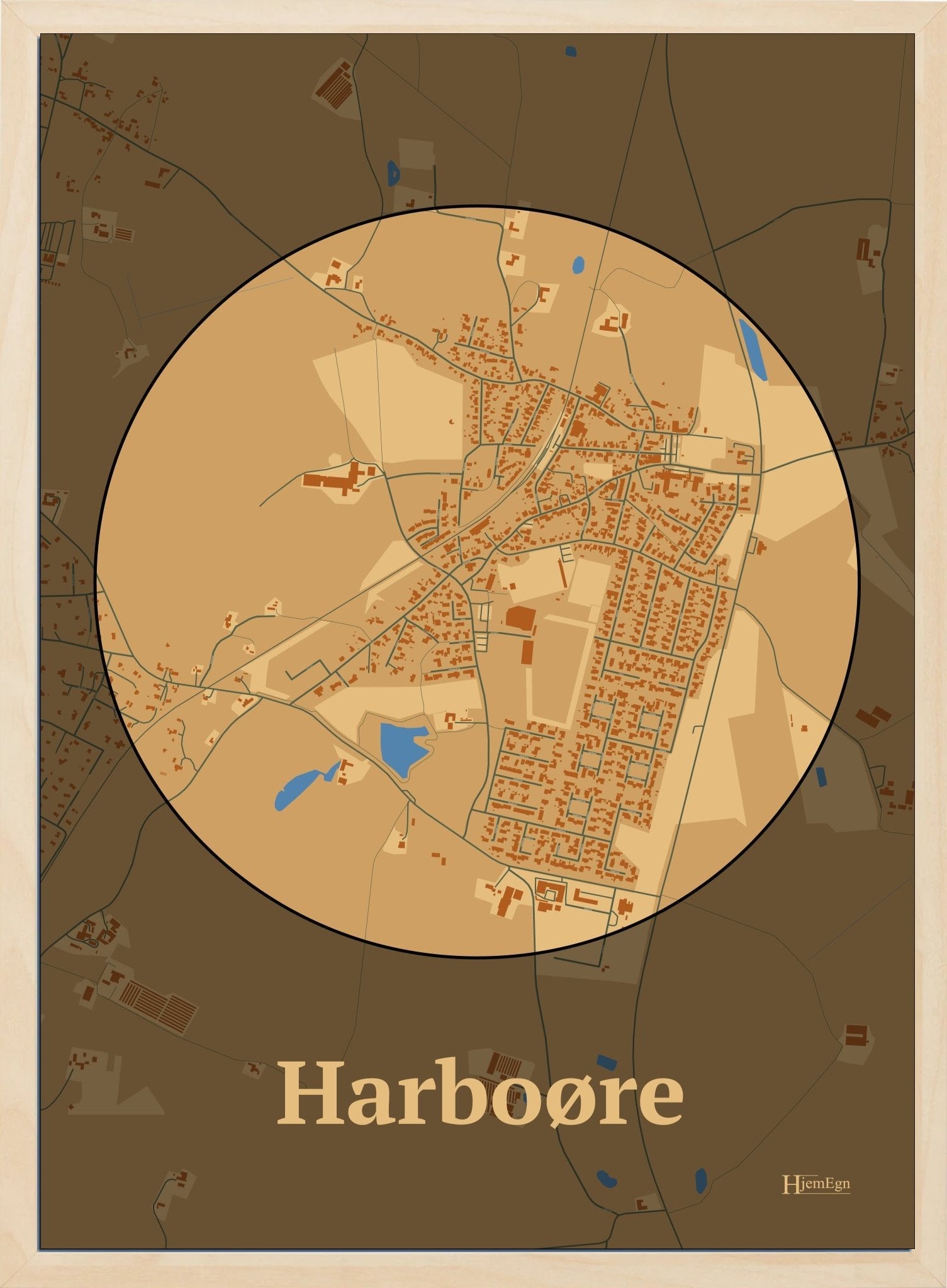 Harboøre plakat i farve pastel brun og HjemEgn.dk design centrum. Design bykort for Harboøre