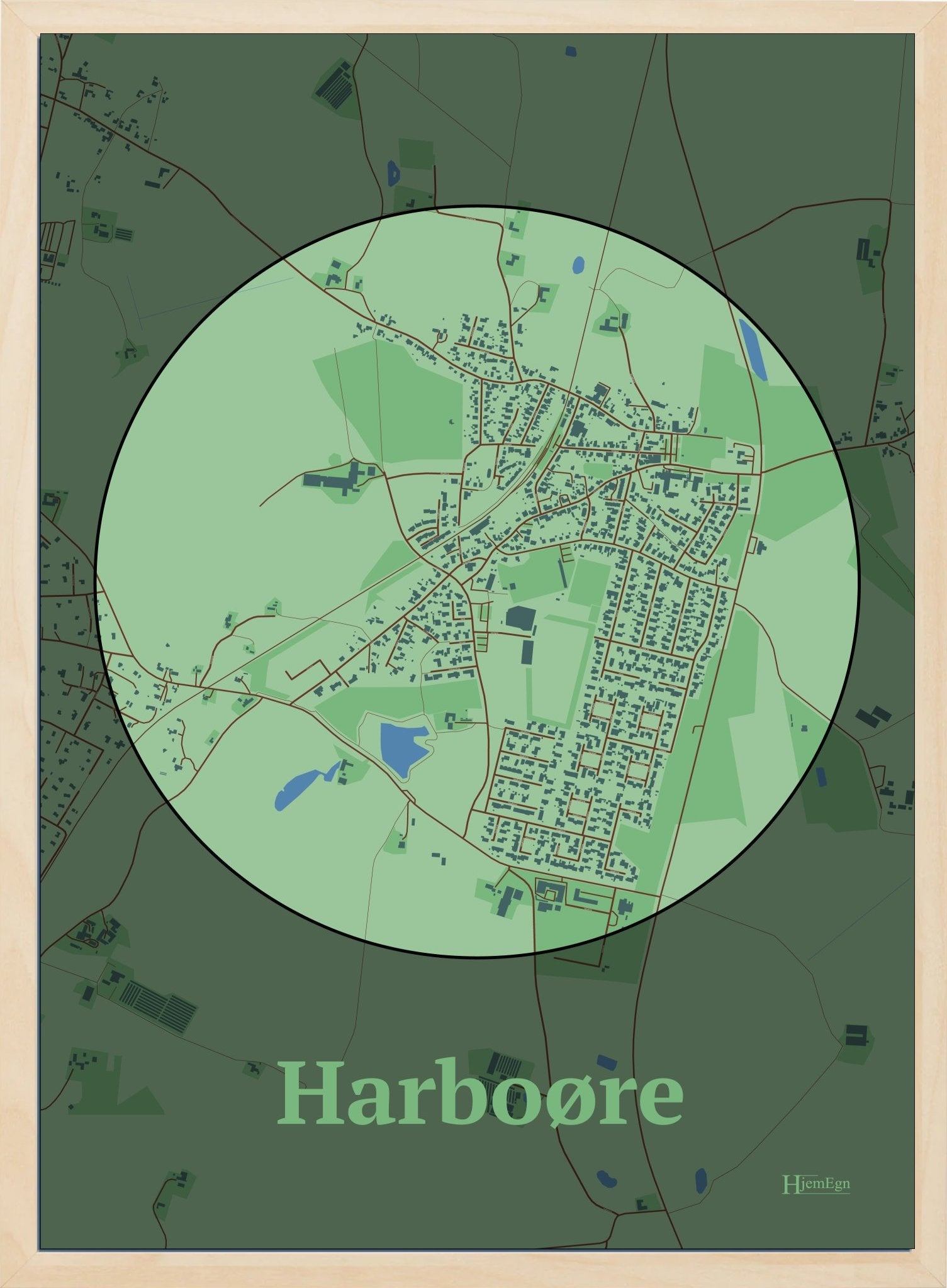 Harboøre plakat i farve pastel grøn og HjemEgn.dk design centrum. Design bykort for Harboøre