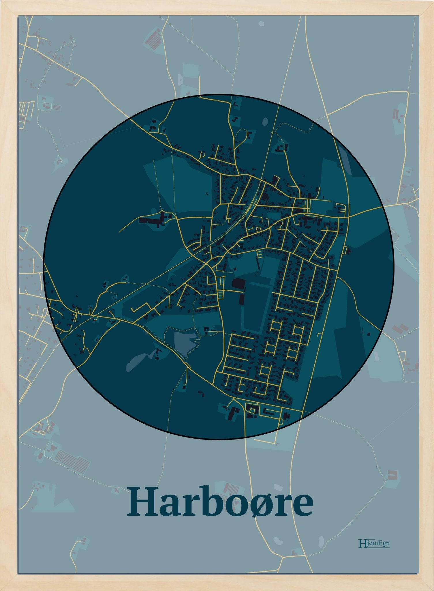 Harboøre plakat i farve mørk blå og HjemEgn.dk design centrum. Design bykort for Harboøre