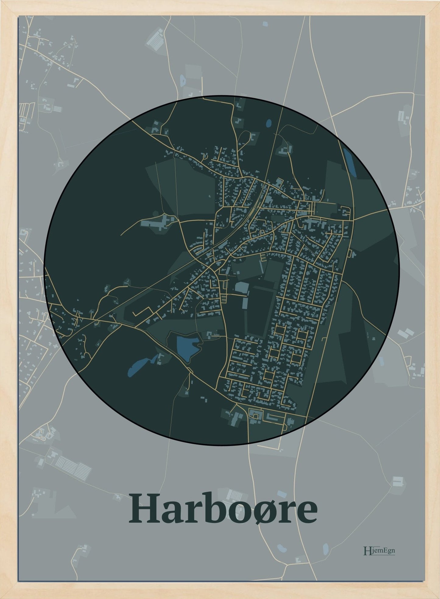 Harboøre plakat i farve mørk grøn og HjemEgn.dk design centrum. Design bykort for Harboøre