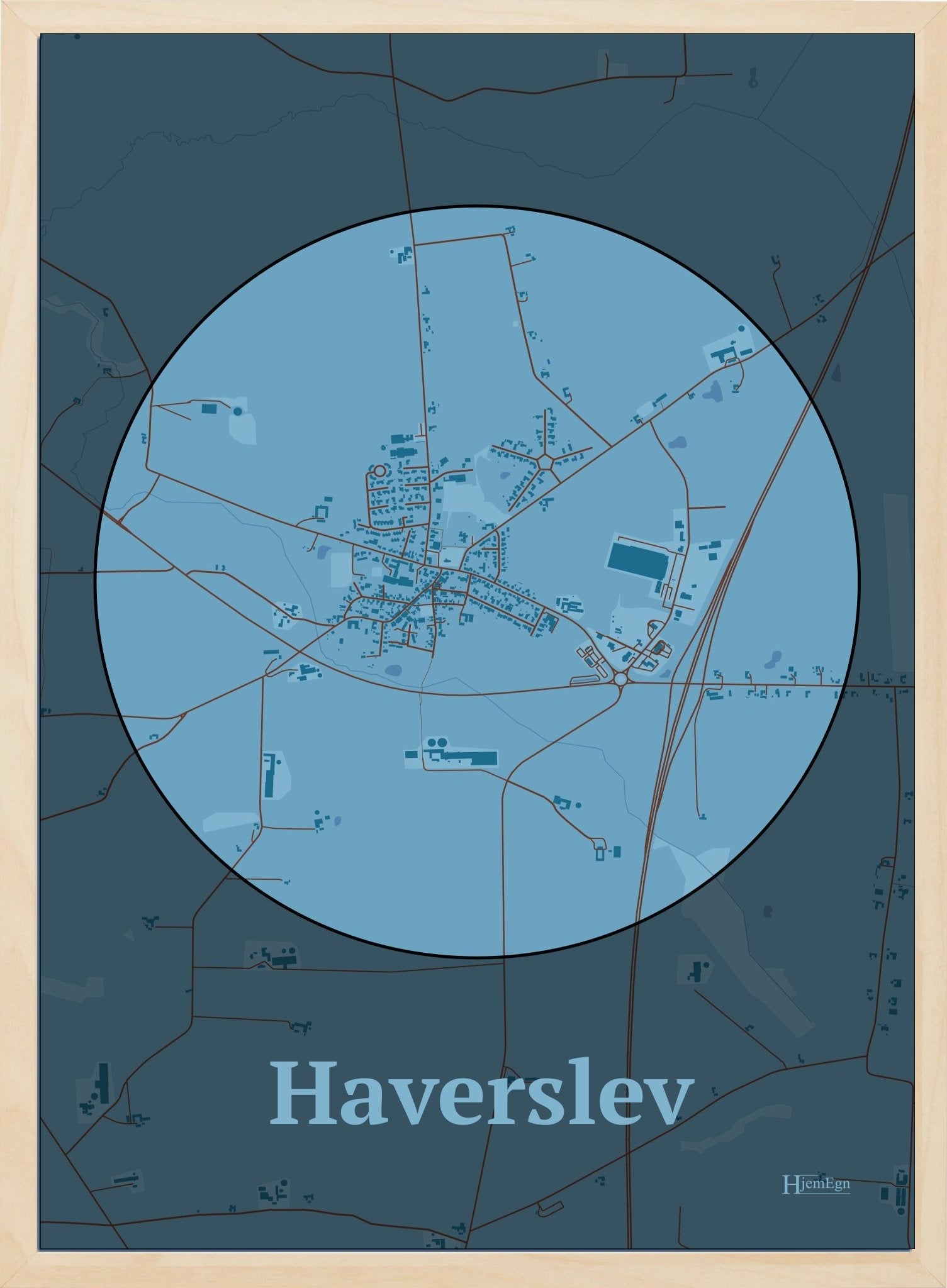 Haverslev plakat i farve pastel blå og HjemEgn.dk design centrum. Design bykort for Haverslev