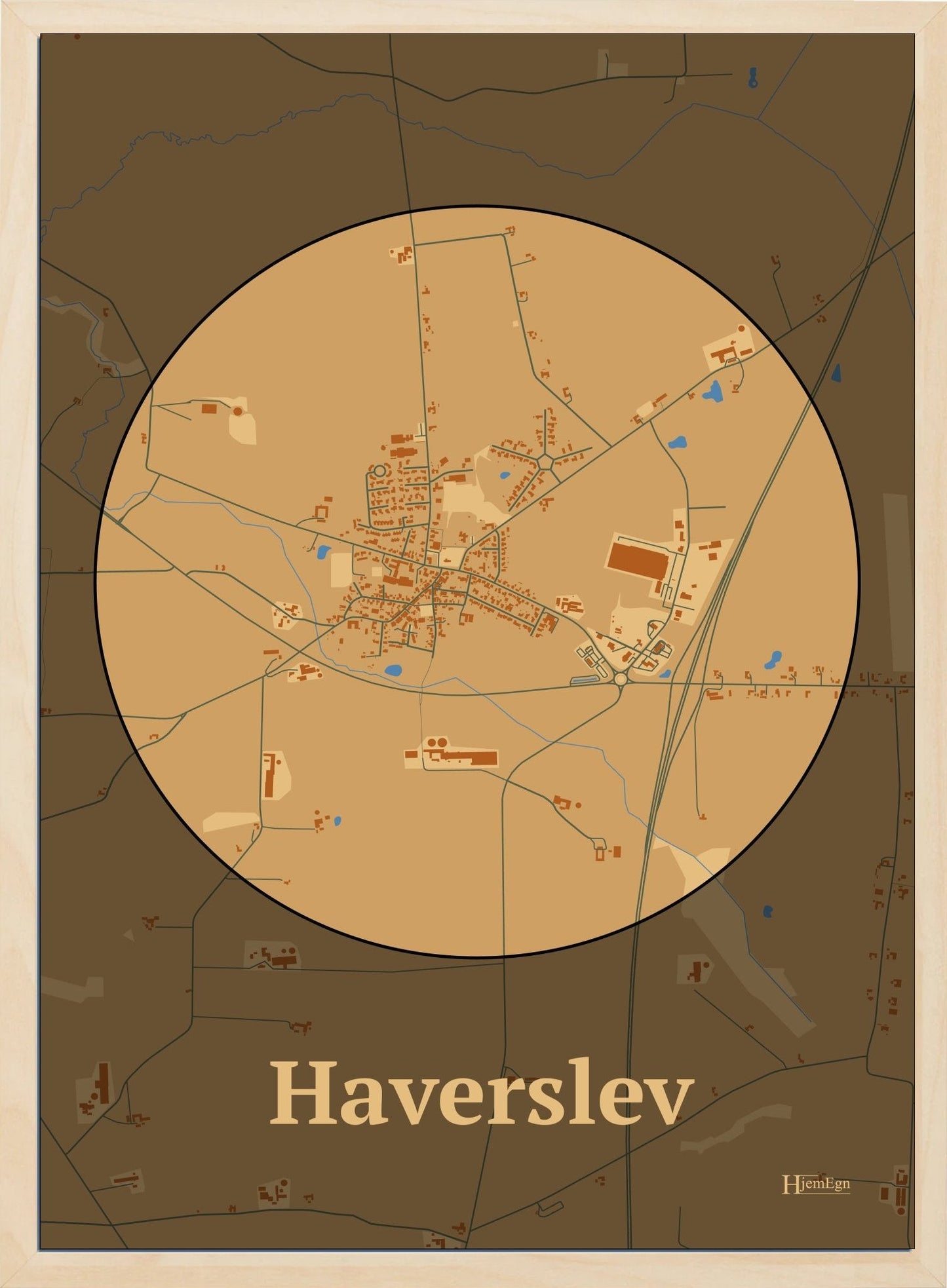 Haverslev plakat i farve pastel brun og HjemEgn.dk design centrum. Design bykort for Haverslev