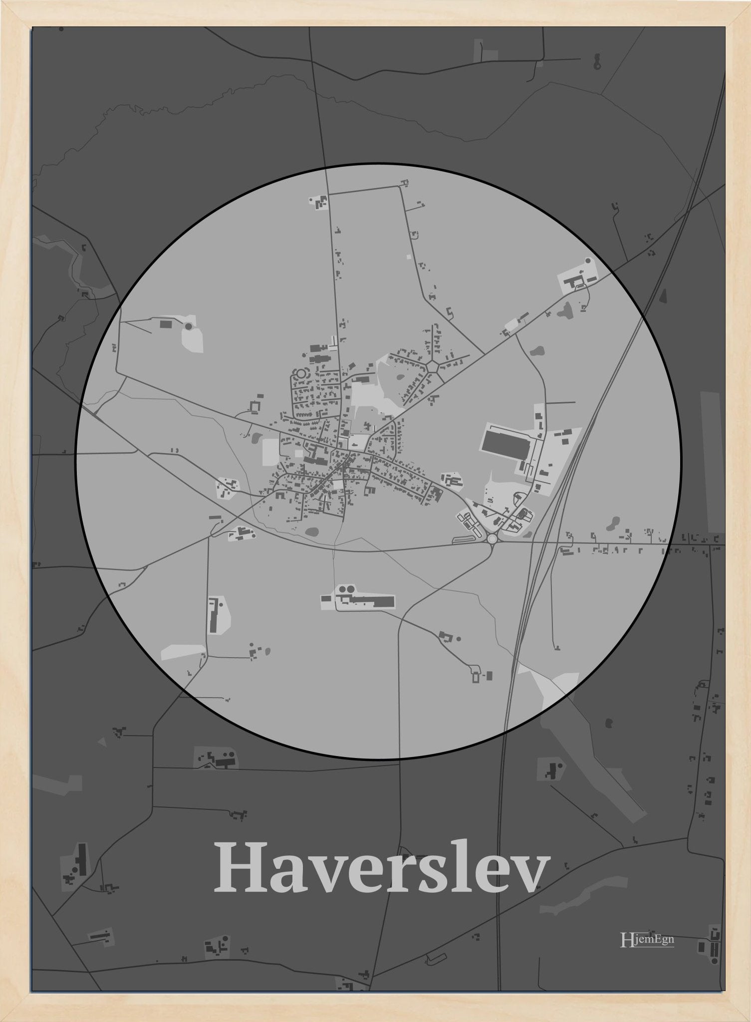 Haverslev plakat i farve pastel grå og HjemEgn.dk design centrum. Design bykort for Haverslev