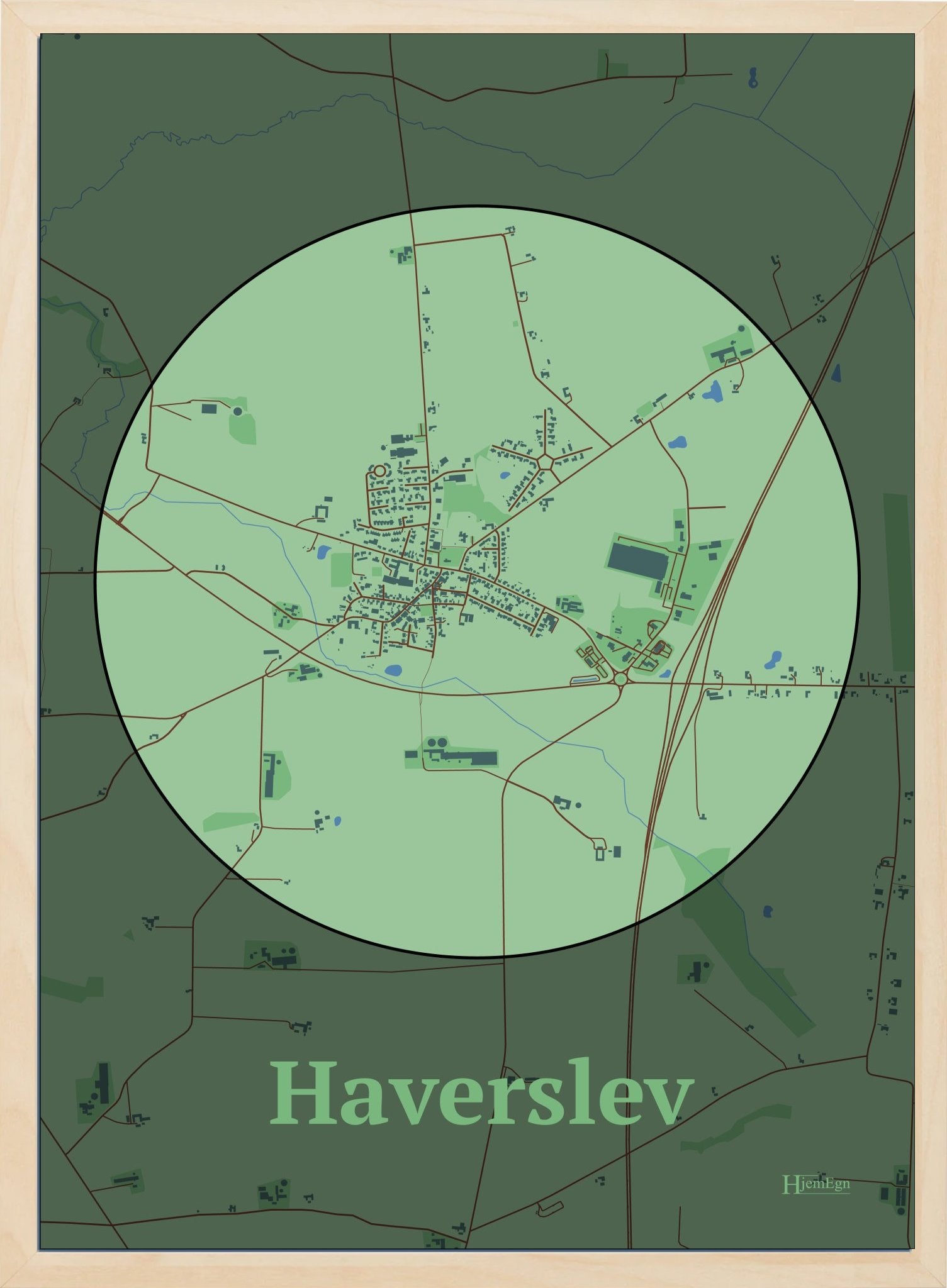 Haverslev plakat i farve pastel grøn og HjemEgn.dk design centrum. Design bykort for Haverslev