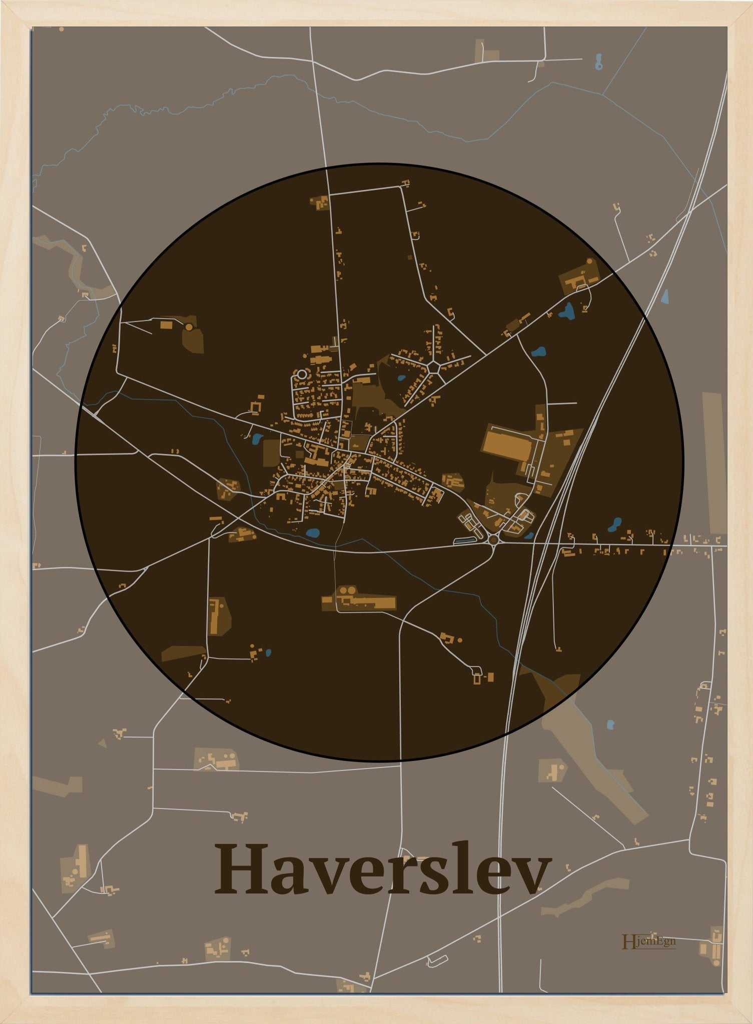 Haverslev plakat i farve mørk brun og HjemEgn.dk design centrum. Design bykort for Haverslev