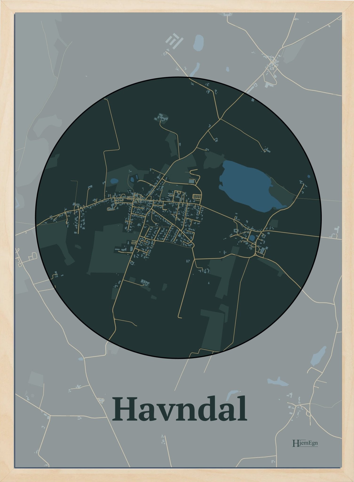 Havndal plakat i farve mørk grøn og HjemEgn.dk design centrum. Design bykort for Havndal