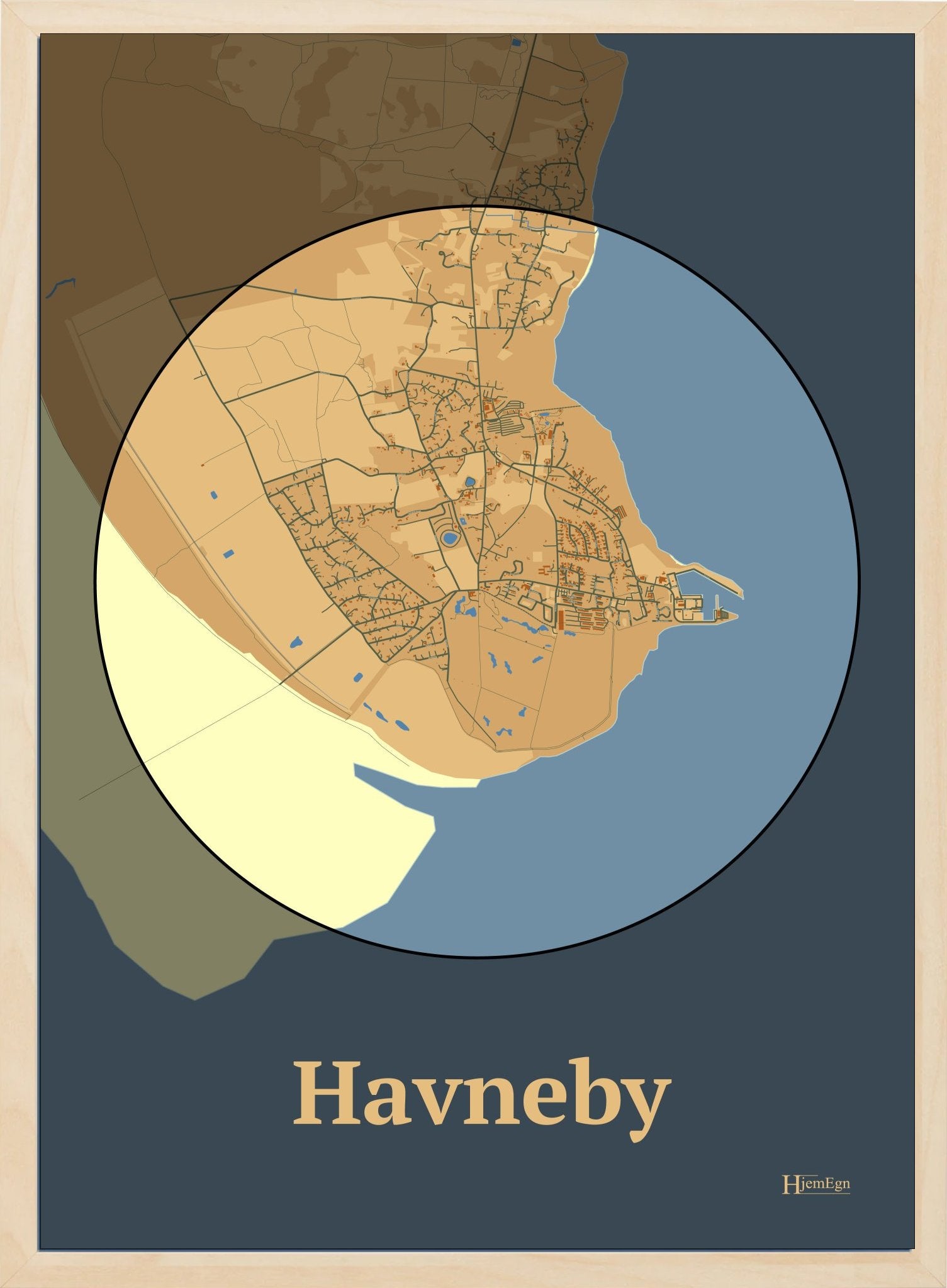 Havneby plakat i farve pastel brun og HjemEgn.dk design firkantet. Design bykort for Havneby