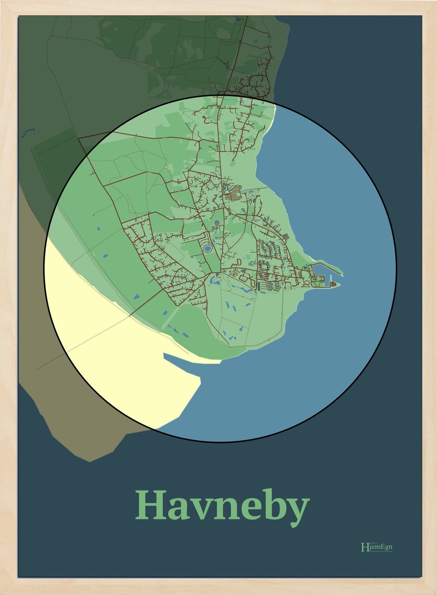 Havneby plakat i farve pastel grøn og HjemEgn.dk design firkantet. Design bykort for Havneby