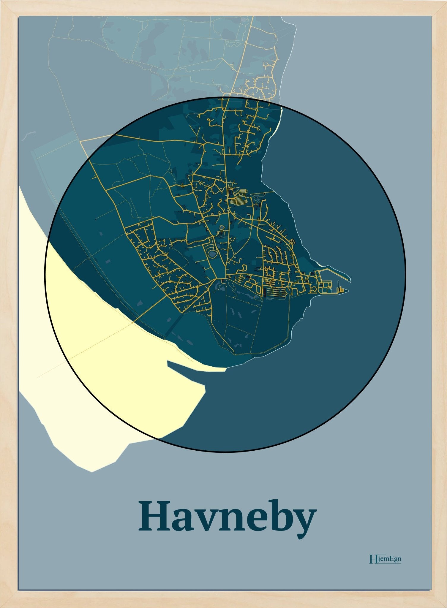 Havneby plakat i farve mørk blå og HjemEgn.dk design firkantet. Design bykort for Havneby